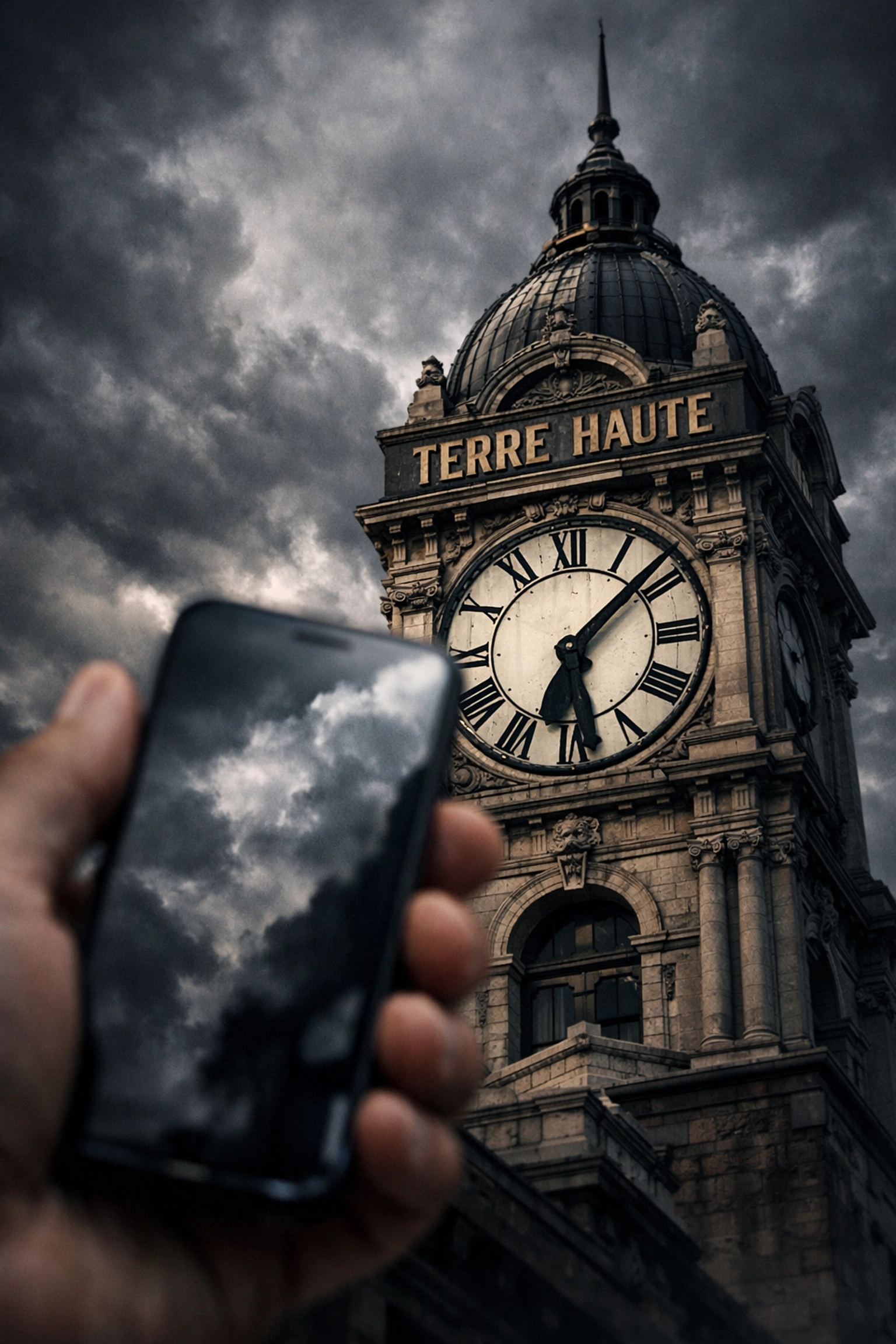 Historic Terre Haute clock tower and smartphone showing local time under a dramatic sky.