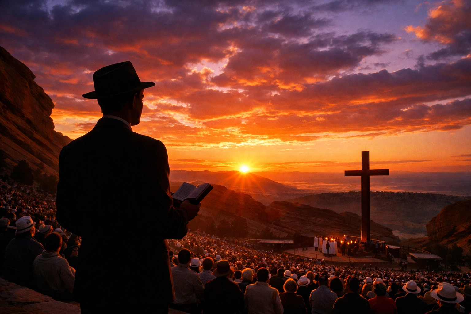 Silhouette of a man at a 1950s Easter sunrise service, representing queer faith and historical resilience.