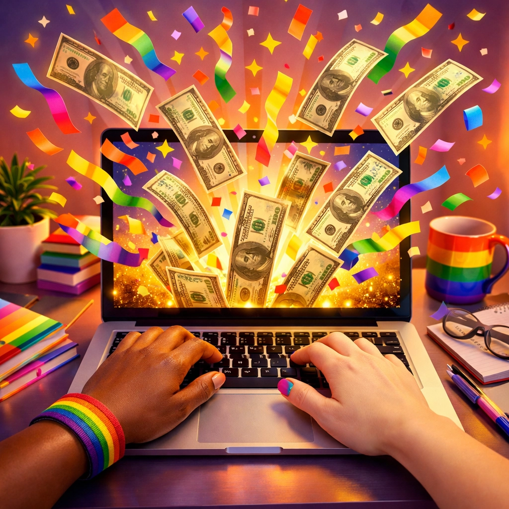 LGBTQ+ authors celebrating earnings from selling gay romance ebooks with zero platform fees