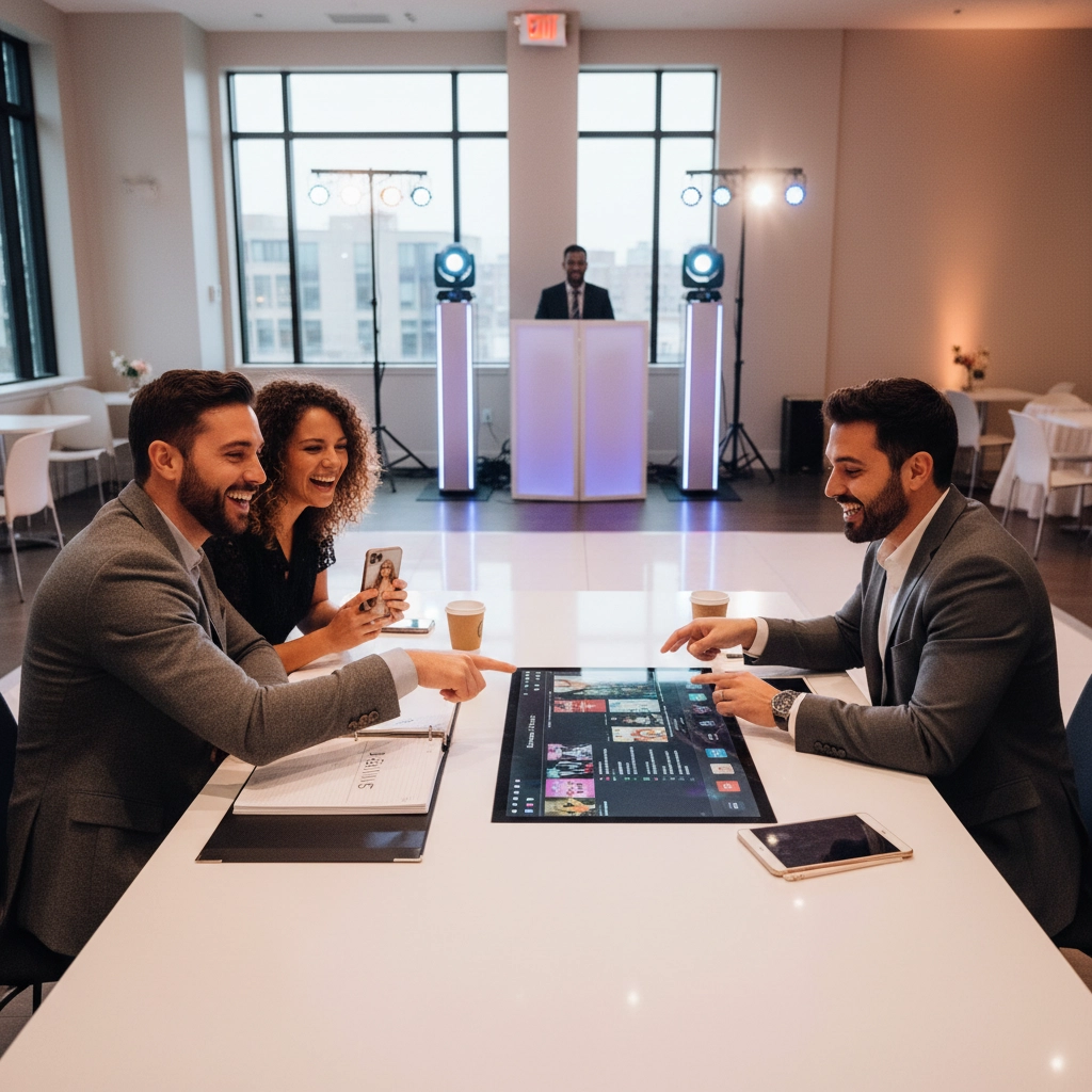 Three smiling people in suits sit at a white table, interacting with a digital screen. Bright room with windows; presenter stands in the background.