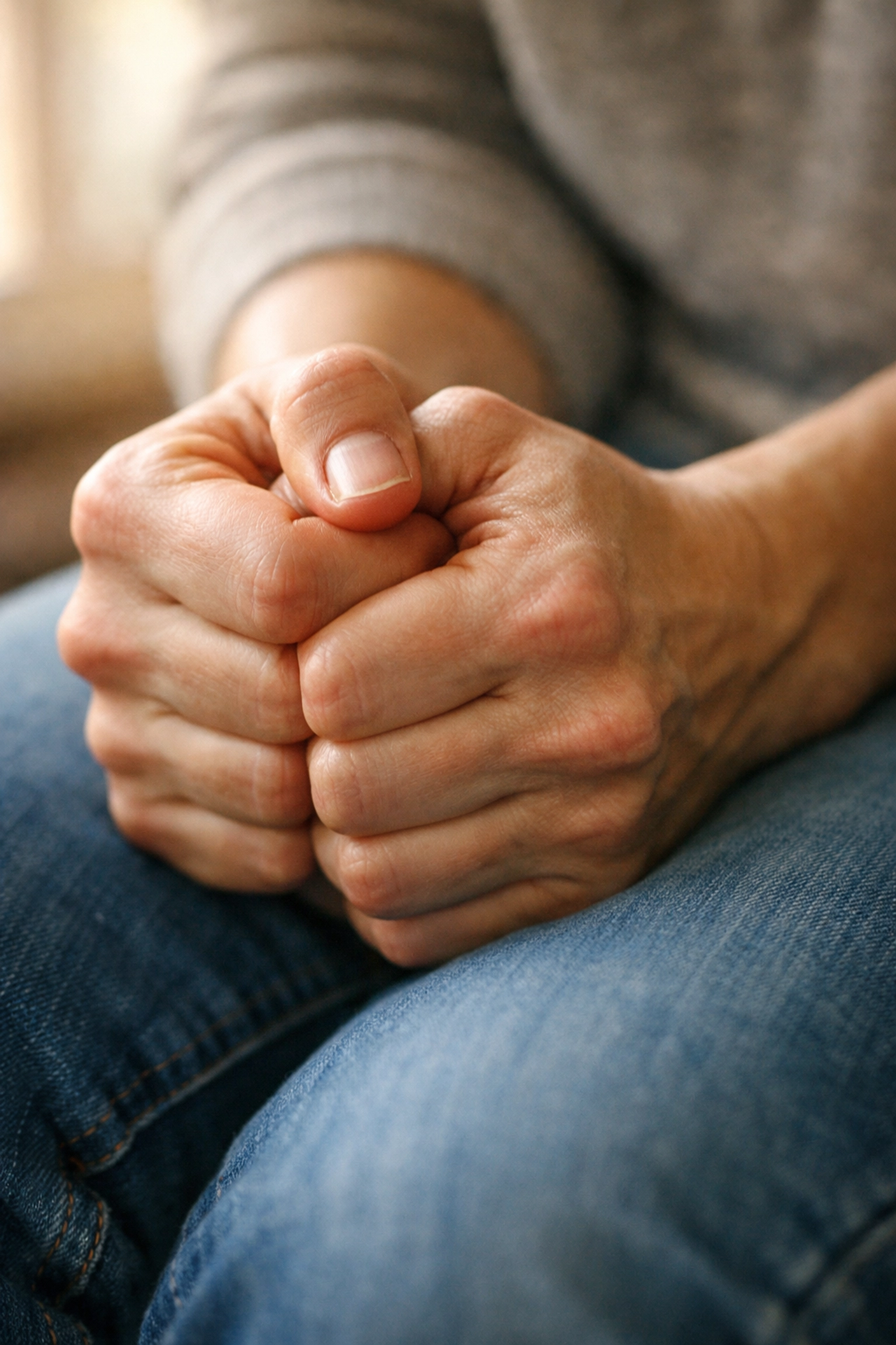 Clenched hands showing physical tension from nervous system dysregulation and stress