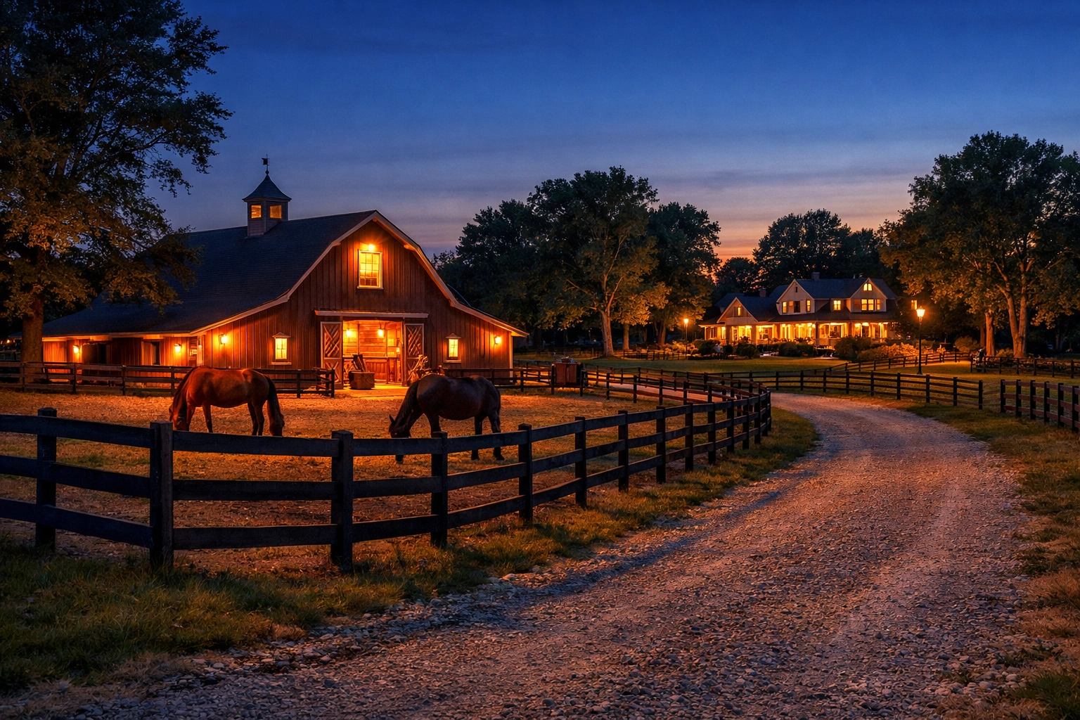 Well-maintained horse farm at dusk showing barn, paddocks, and farmhouse in Huntersville