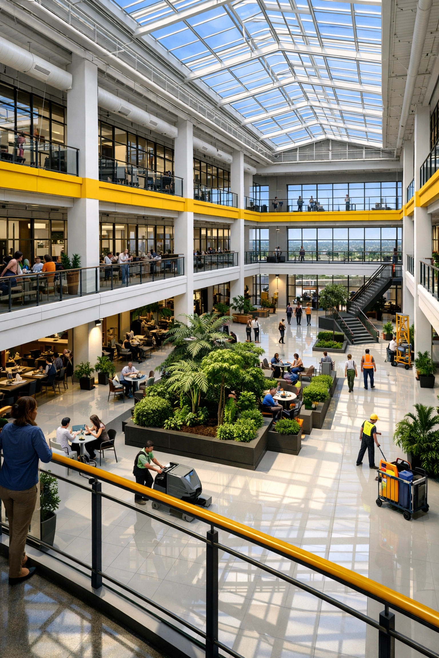 Bustling Beverly commercial atrium with polished floors, showing the results of professional facility maintenance.