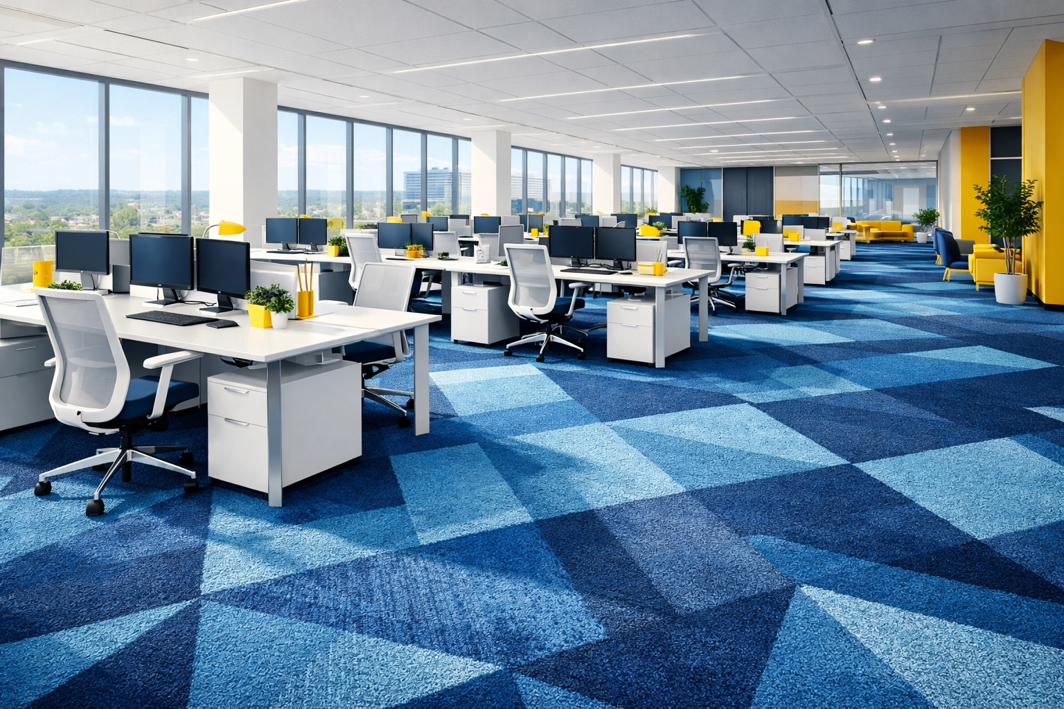 A bright, professional Massachusetts office workspace with clean, well-maintained commercial carpeting.
