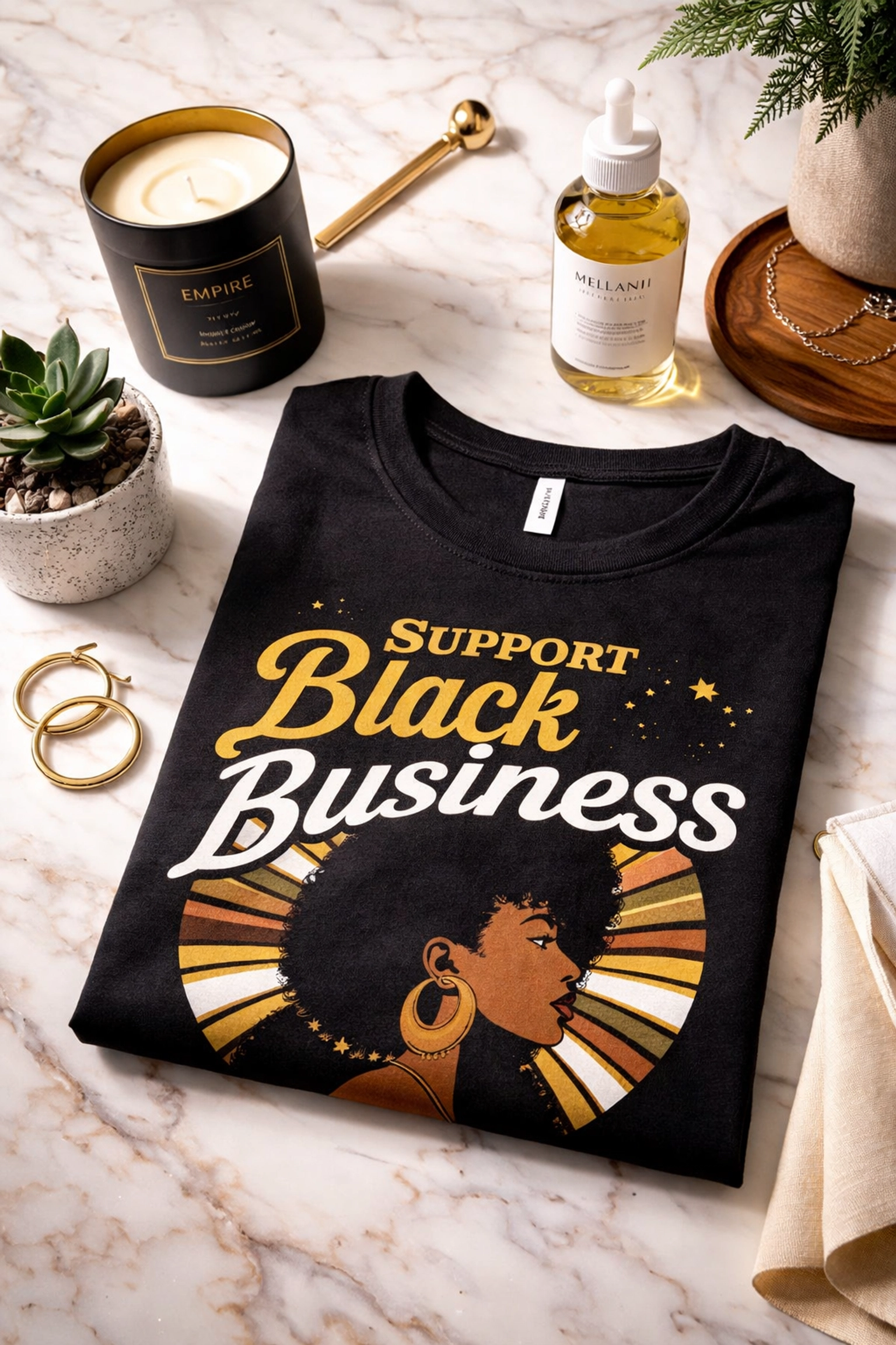 Black Wall Street Secrets Revealed: How Black Entrepreneurs Are Rebuilding Economic Power Today Curated flat lay of Black-owned products, including luxury candles, hair oil, apparel, and jewelry, promoting Buyblack.