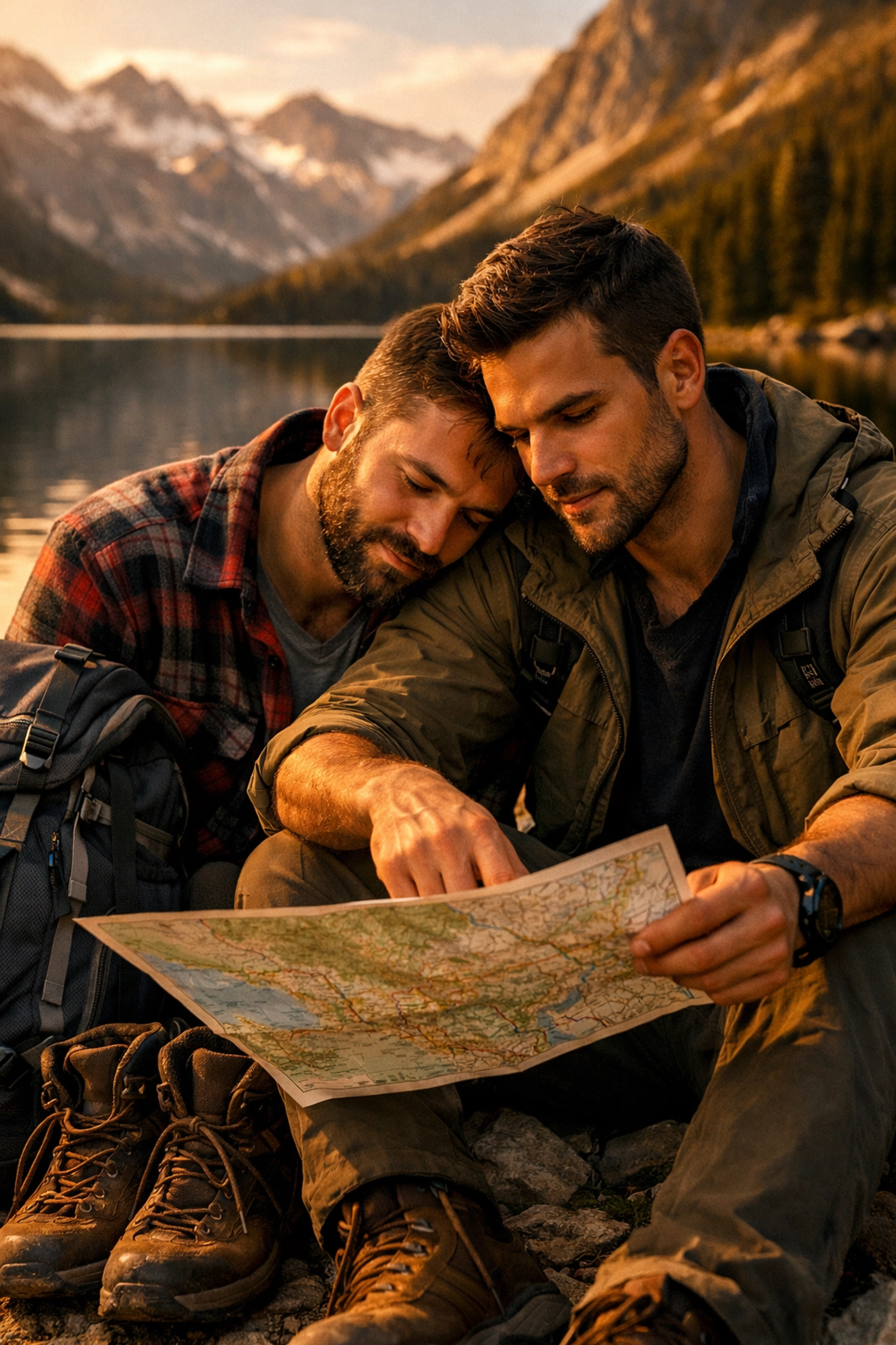 A romantic gay couple in hiking gear sharing an intimate moment by a mountain lake at sunset.