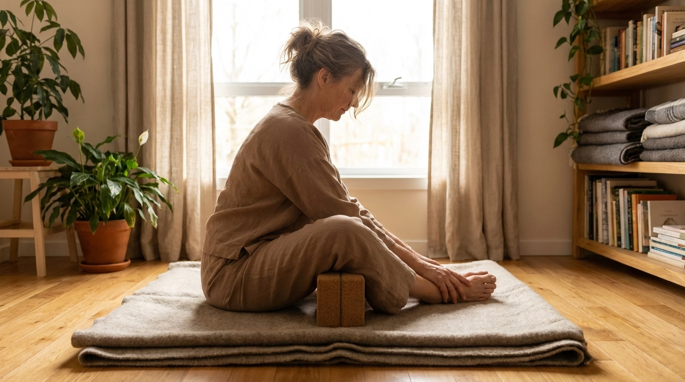 Midlife woman practicing butterfly pose (Baddha Konasana) with blocks under knees, showing supportive perimenopause-friendly yoga modifications