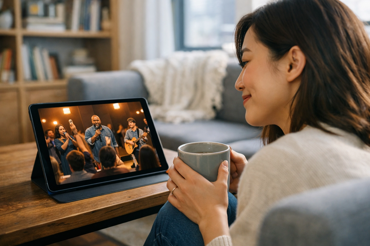A woman connects with Boundless Online Church through a tablet for peaceful online worship.