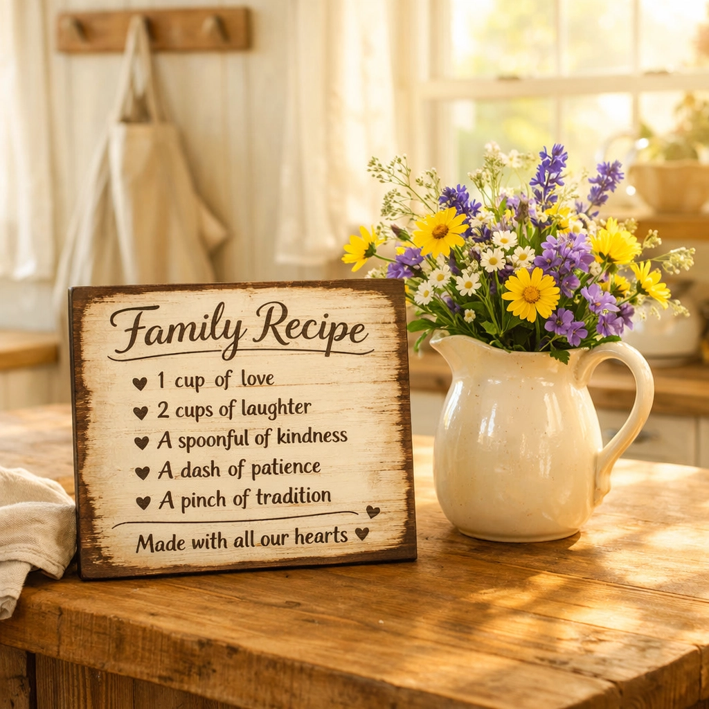 Handcrafted family recipe sign and wildflowers in a bright, rustic farmhouse kitchen.