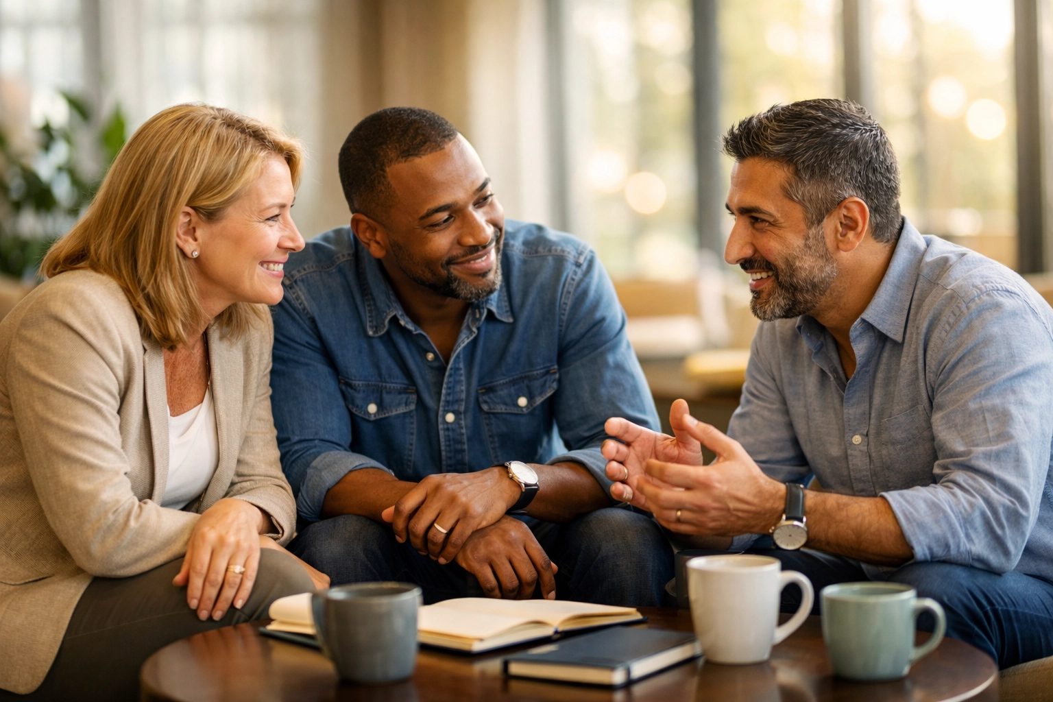 Sober business owners connecting and sharing experiences in a supportive peer mastermind group.