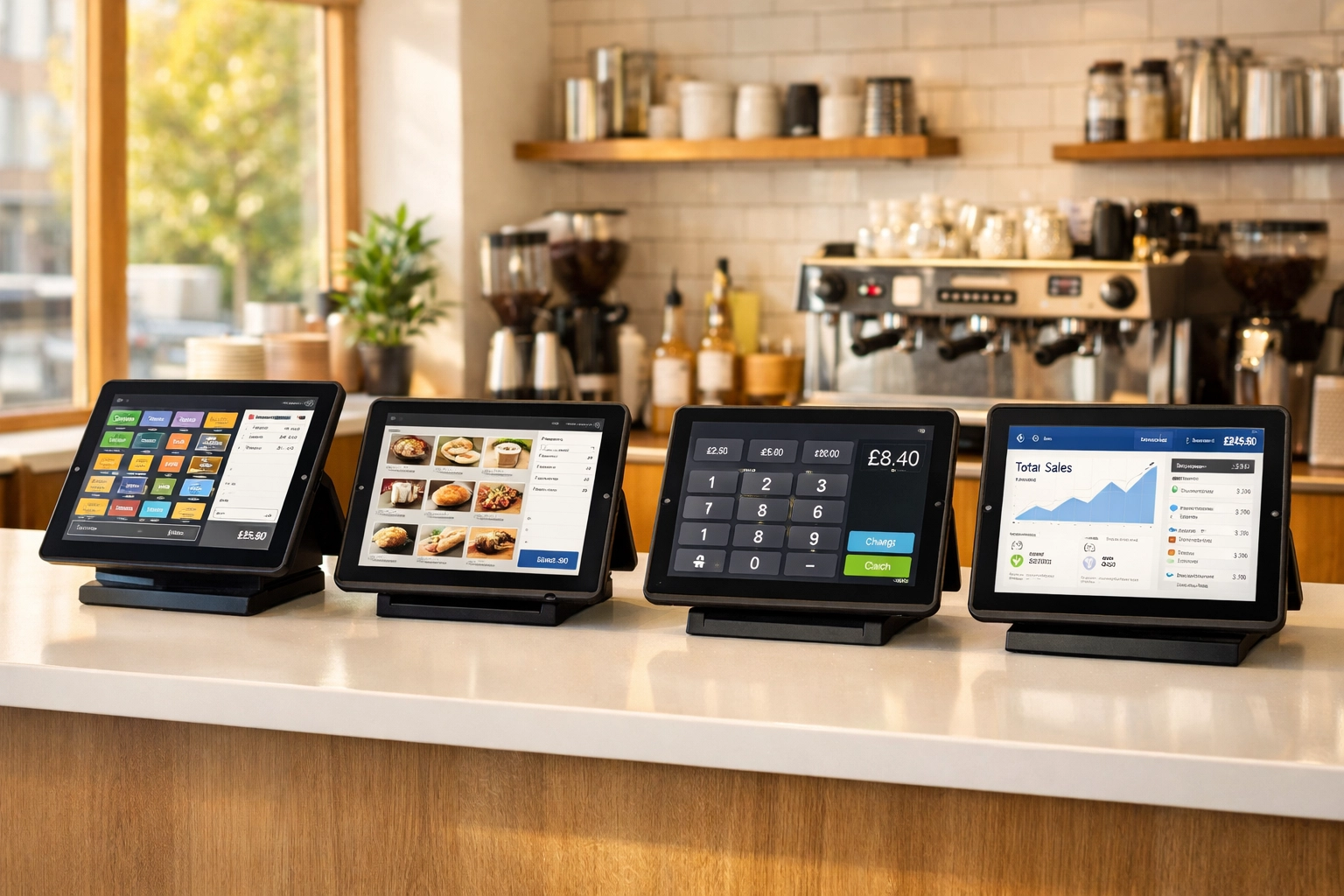 Four different POS systems compared side by side on UK café counter