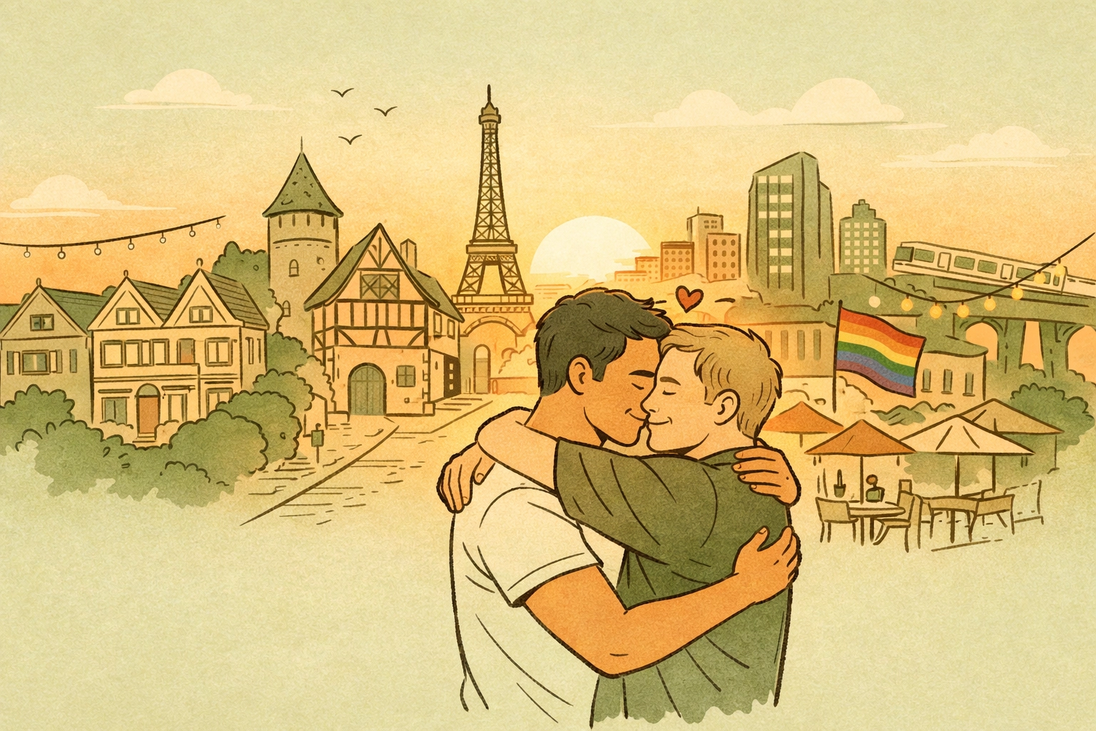 Gay couple embracing before iconic global LGBTQ+ neighborhoods from Soho to Castro