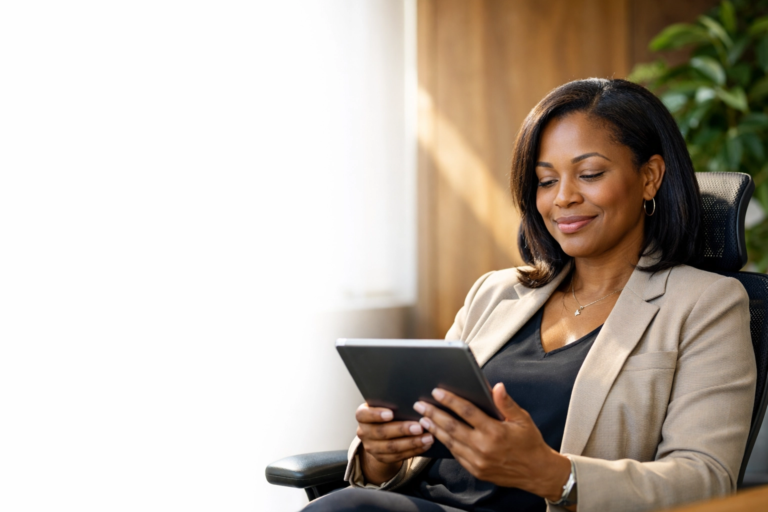 Professional reviewing documentation for a price reasonableness memo in a sunny office.