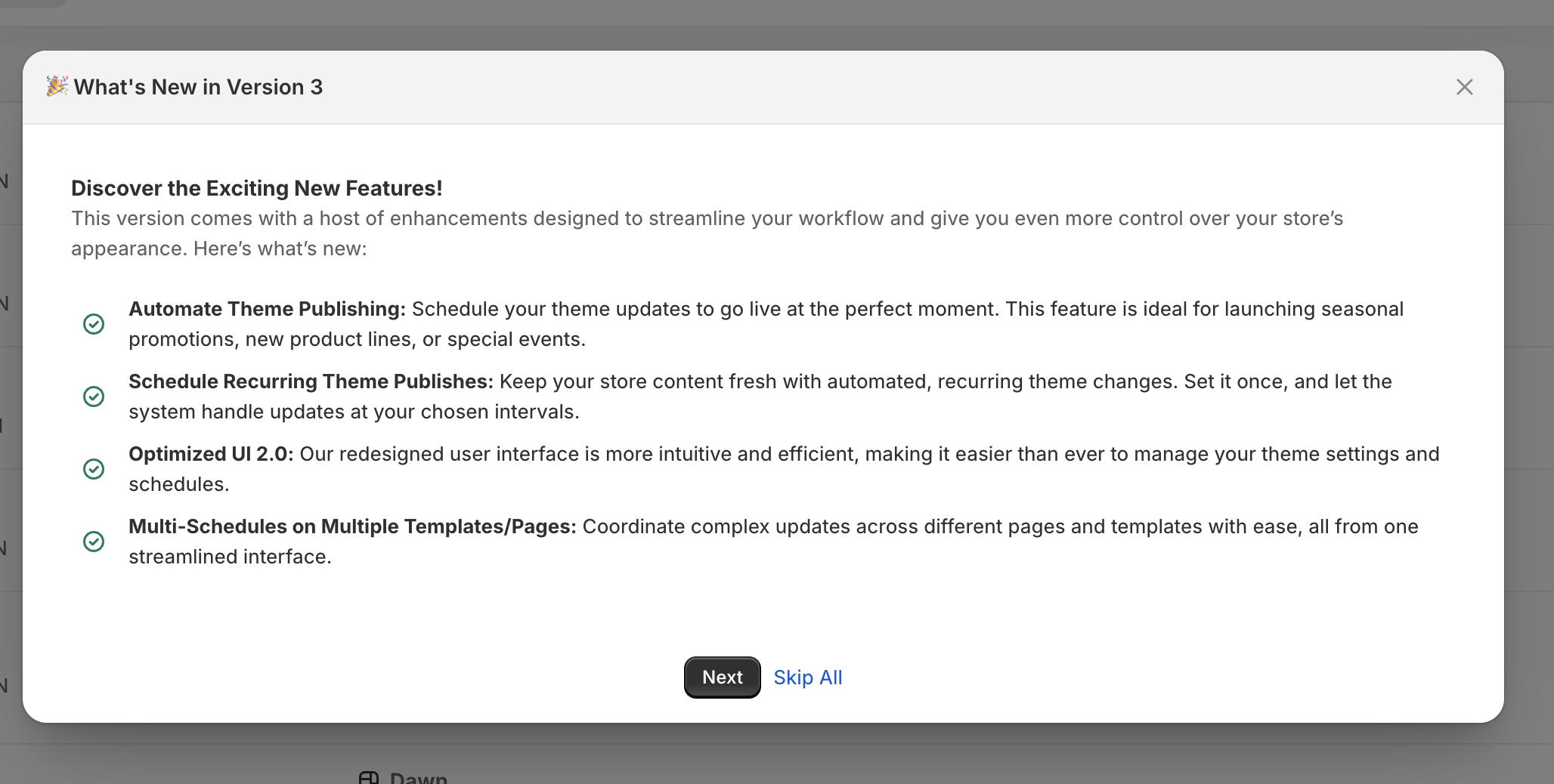 Feature Update Popup - E-commerce Platform Theme Manager