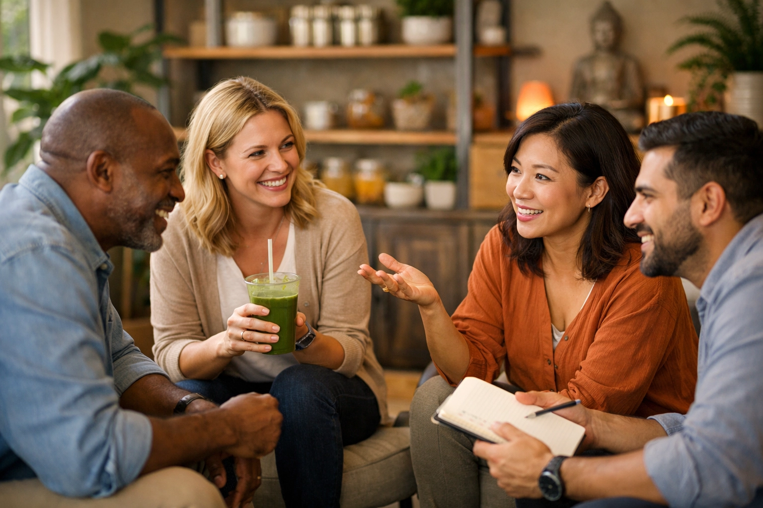 Business professionals discussing wellness entrepreneurship opportunities at networking event