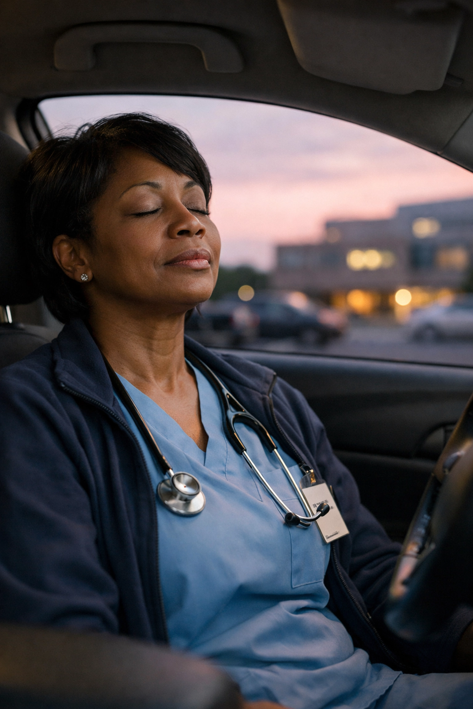 Director of nursing taking a quiet moment in her car to decompress before her shift