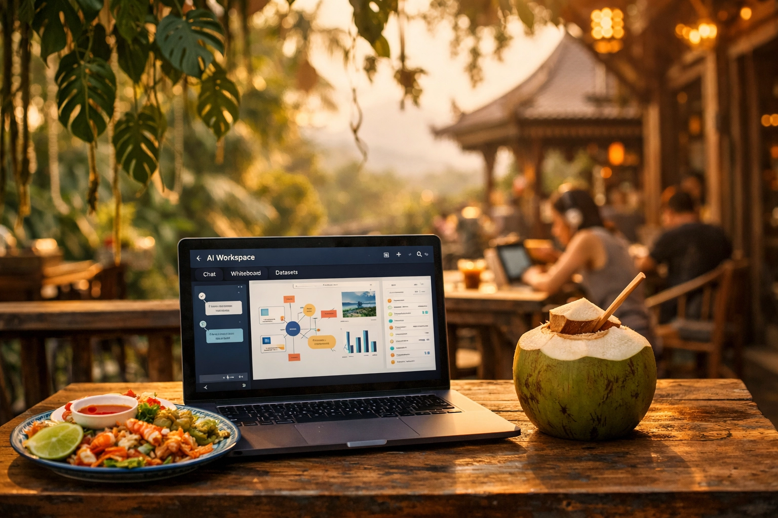 Digital nomad working at a tropical cafe in Chiang Mai, Thailand, with a laptop and local food.