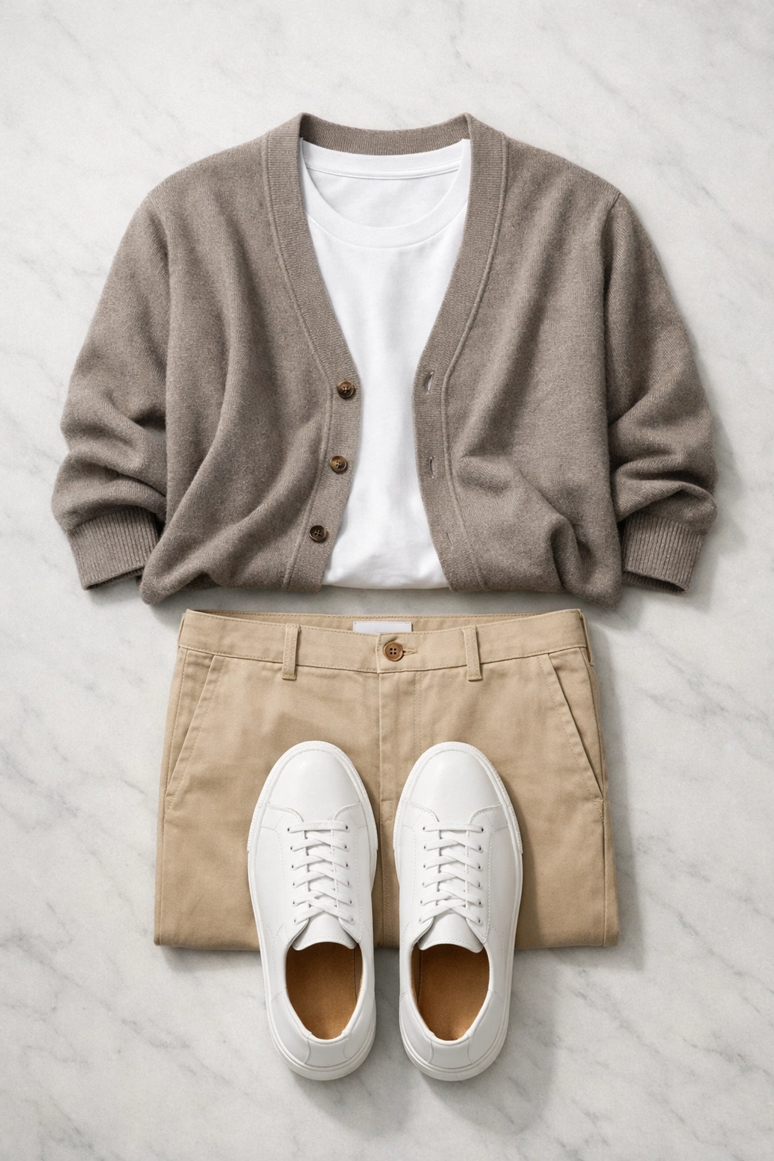 Sophisticated weekend outfit with cardigan, t-shirt, chinos and leather sneakers for men