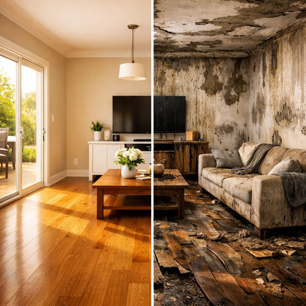 Before and after comparison showing severe water damage effects on home interior