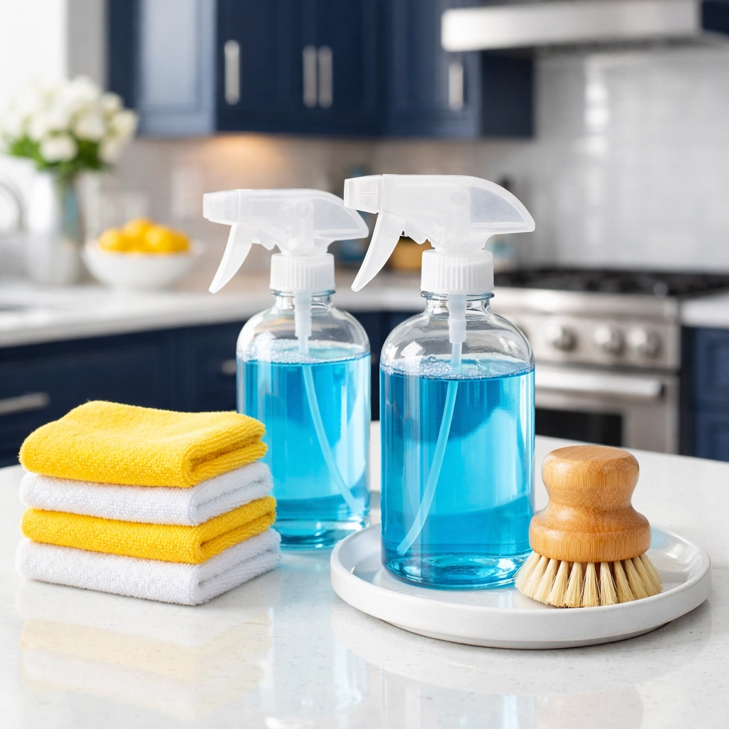 Eco-friendly products used for post-construction cleaning services in a modern Massachusetts kitchen