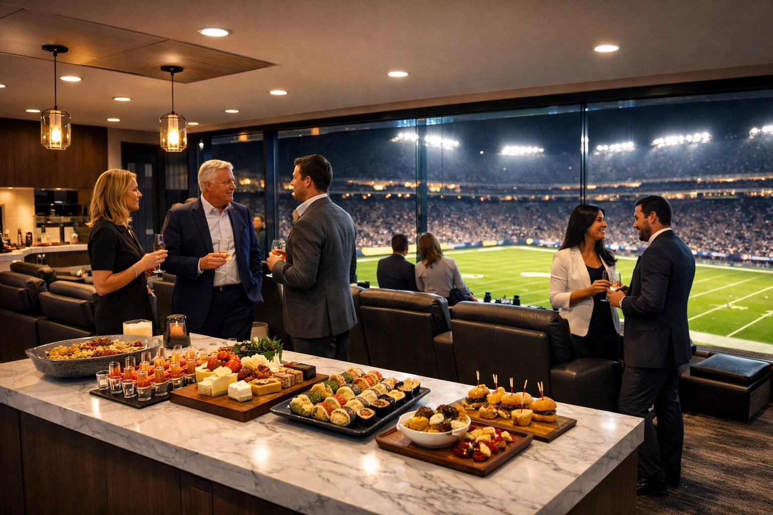 Luxury corporate hospitality suite at the Super Bowl for strategic business networking and hosting.