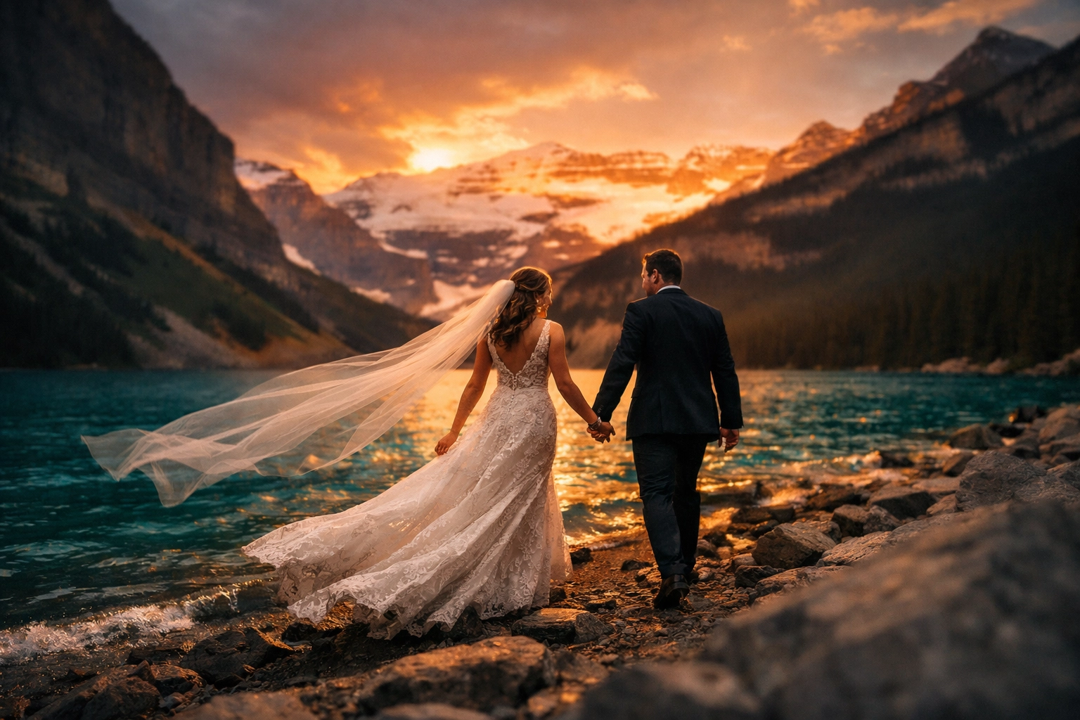 A couple walking by the turquoise water during a Lake Louise elopement captured by a Banff elopement photographer.
