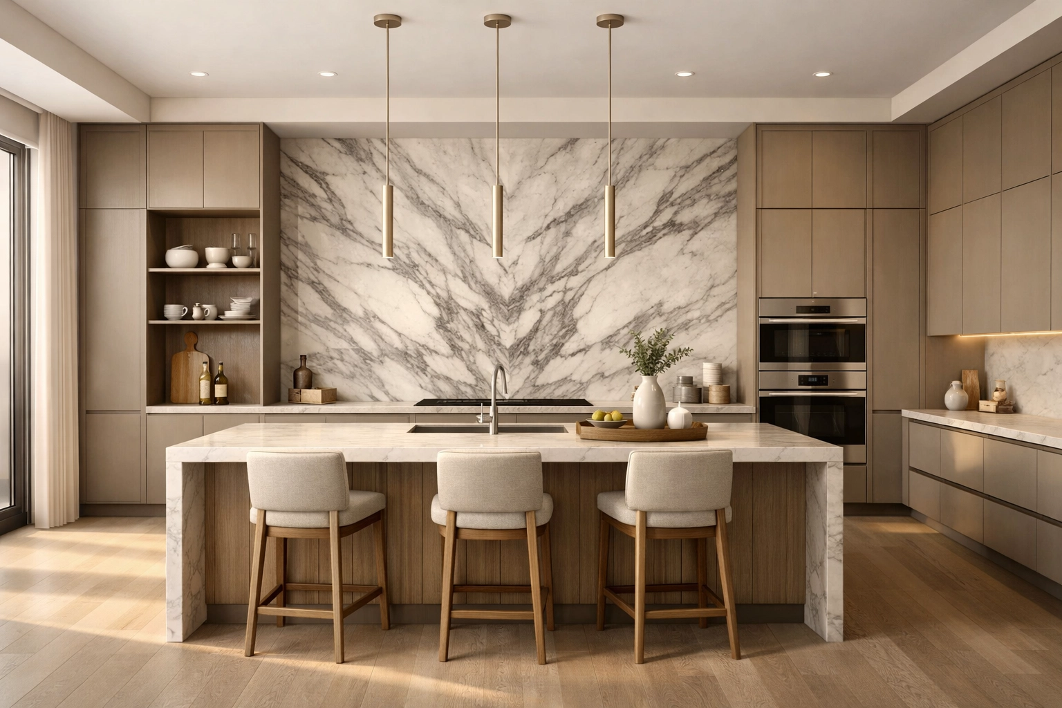 Luxury kitchen remodel design featuring a seamless marble slab backsplash, custom cabinets, and a waterfall island.