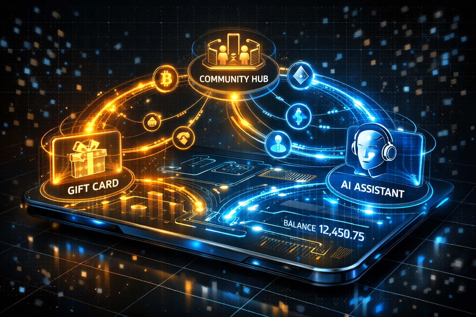 Interconnected receivables token stack showing blockchain payment flows between gift cards and community hubs