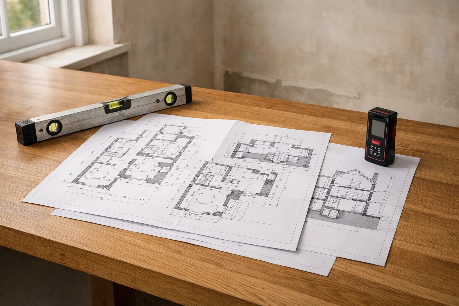 Architectural plans and building tools for a streamlined design and build East London home renovation.