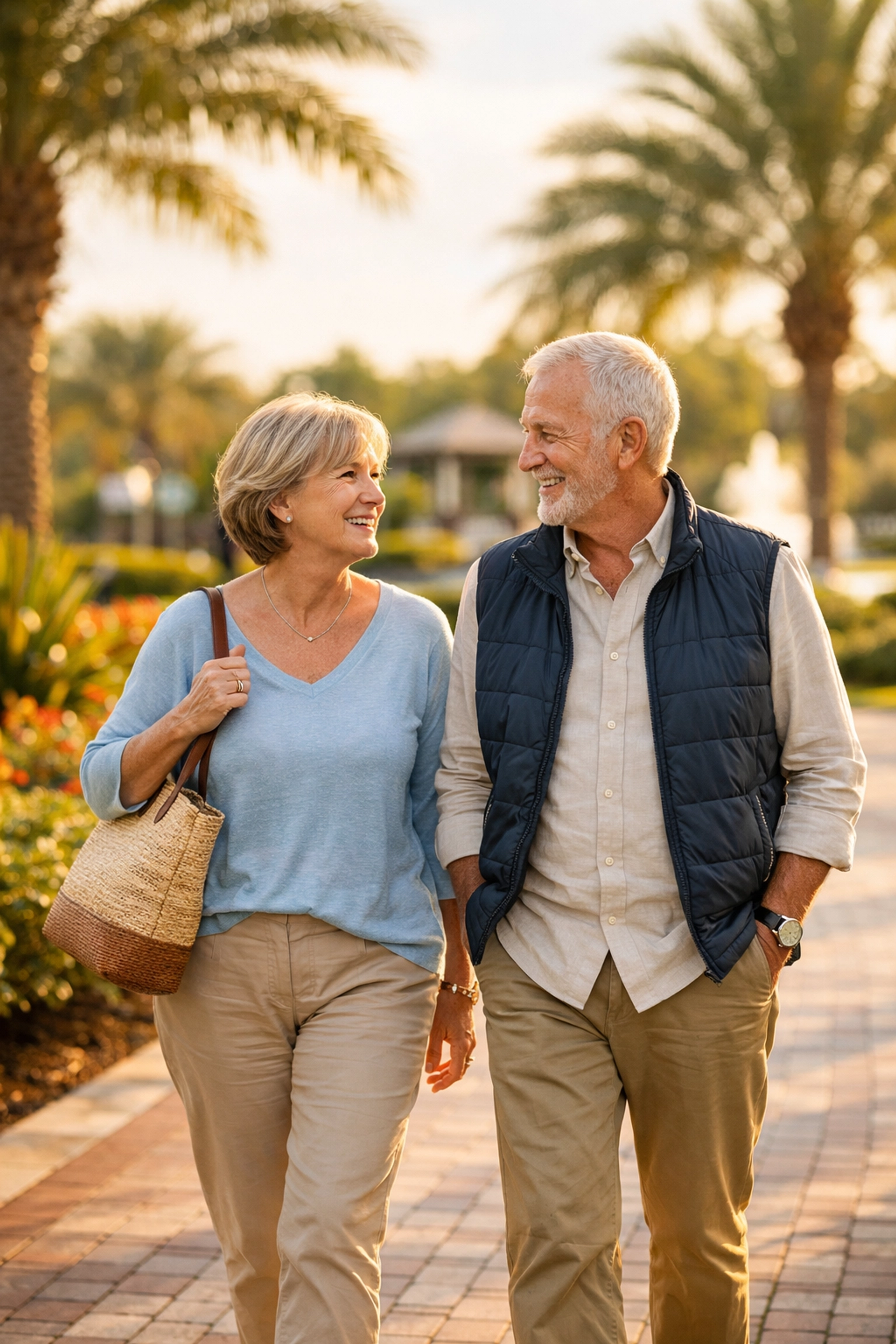 Retired couple walking in a Wesley Chapel park, symbolizing secure retirement planning Wesley Chapel FL.