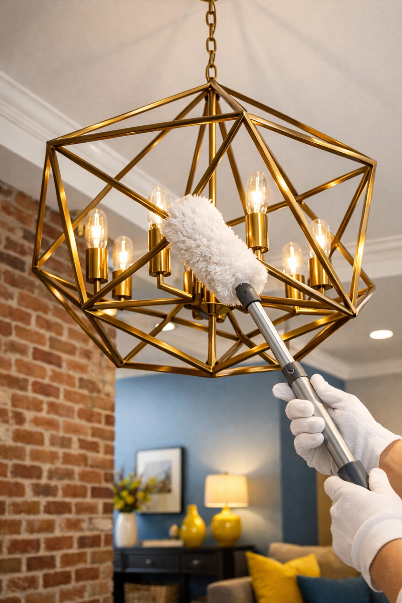 Dusting high-reach light fixtures and ceilings during a professional move-in move-out cleaning in Lowell.