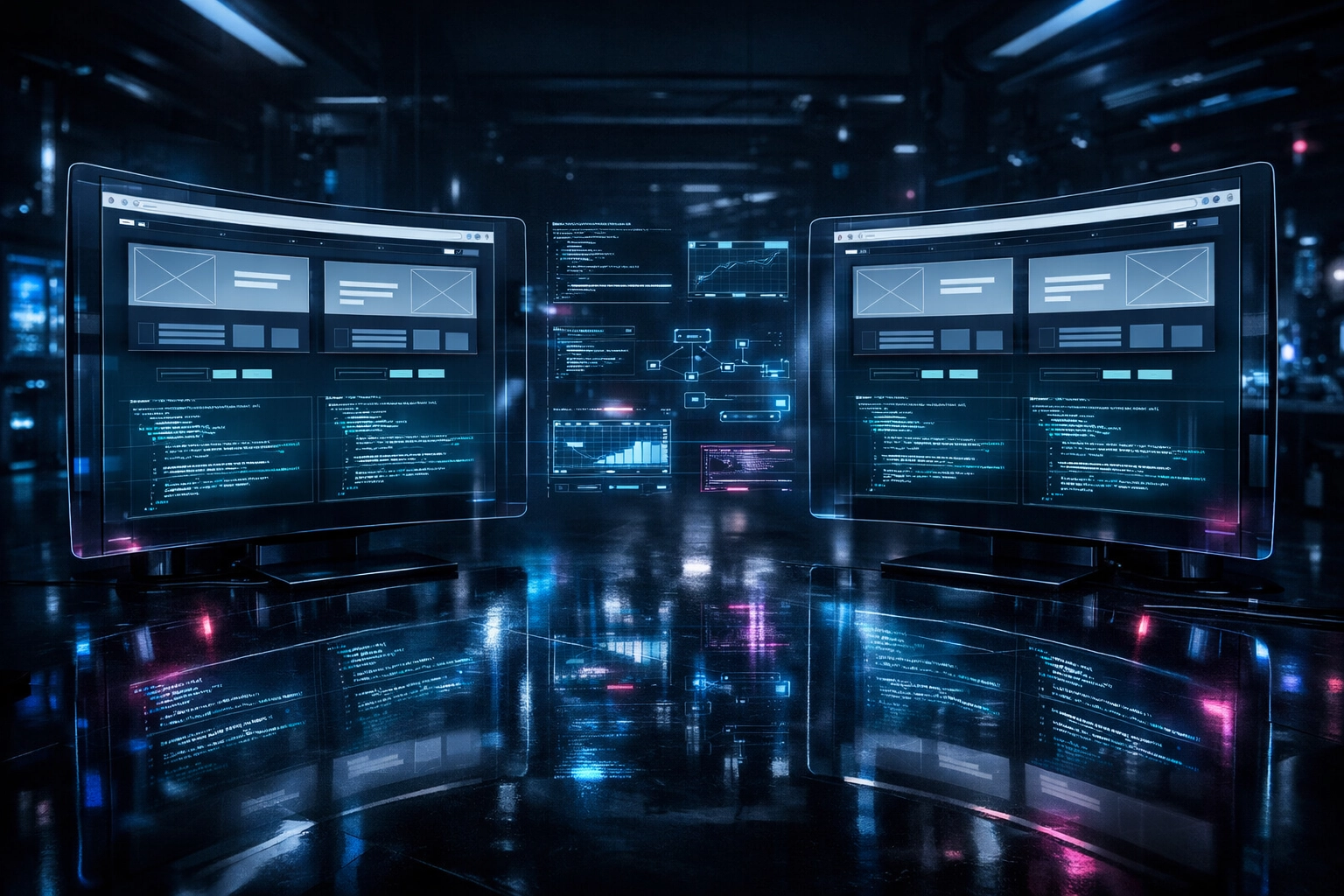 Mirrored digital screens in a high-tech lab representing a WordPress 7.0 staging environment for site testing.