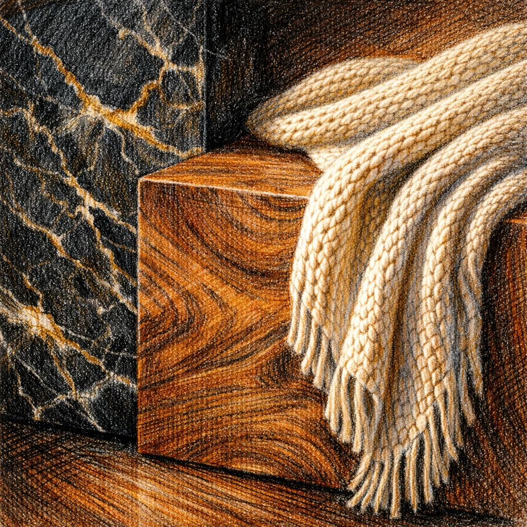 Natural textures of marble, walnut wood, and silk illustrating sustainable luxury hotel design.