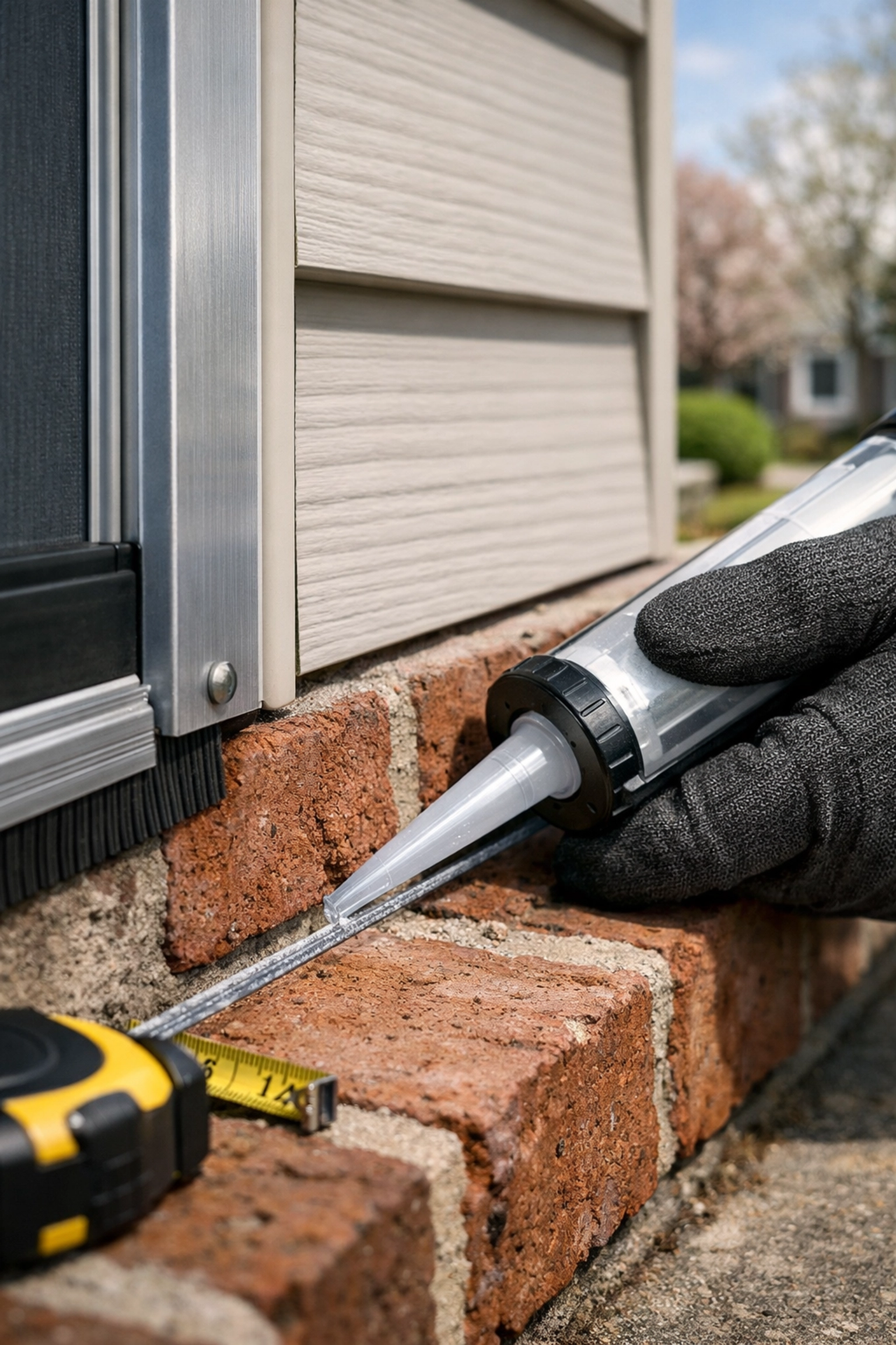Sealing foundation cracks in a Westchester home with caulk to prevent seasonal pest entry.