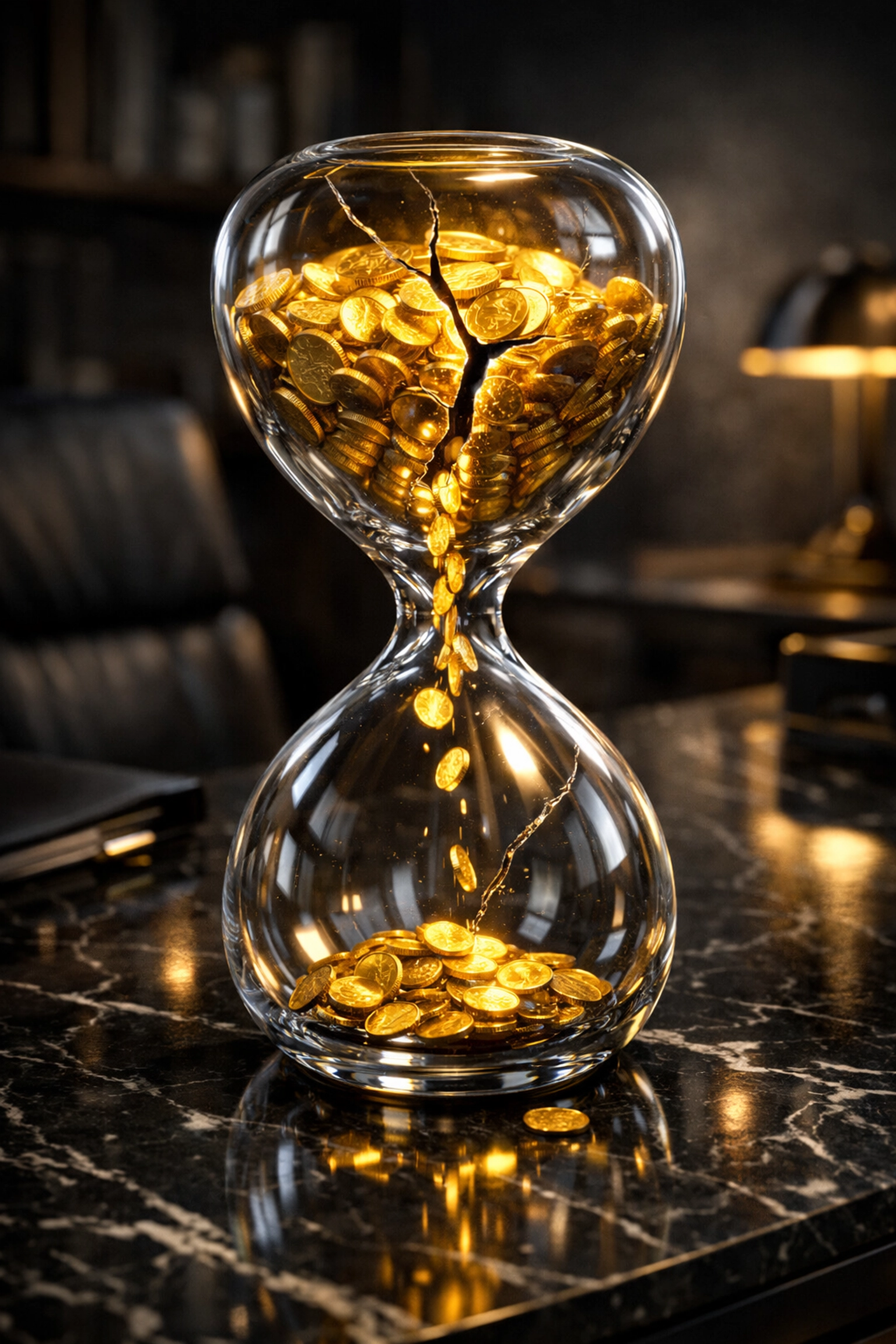 Gold coins falling from an hourglass, representing poor cash flow and low bank statement balances.