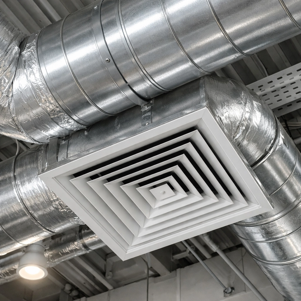 Clean commercial HVAC ductwork system showing proper maintenance in retail space
