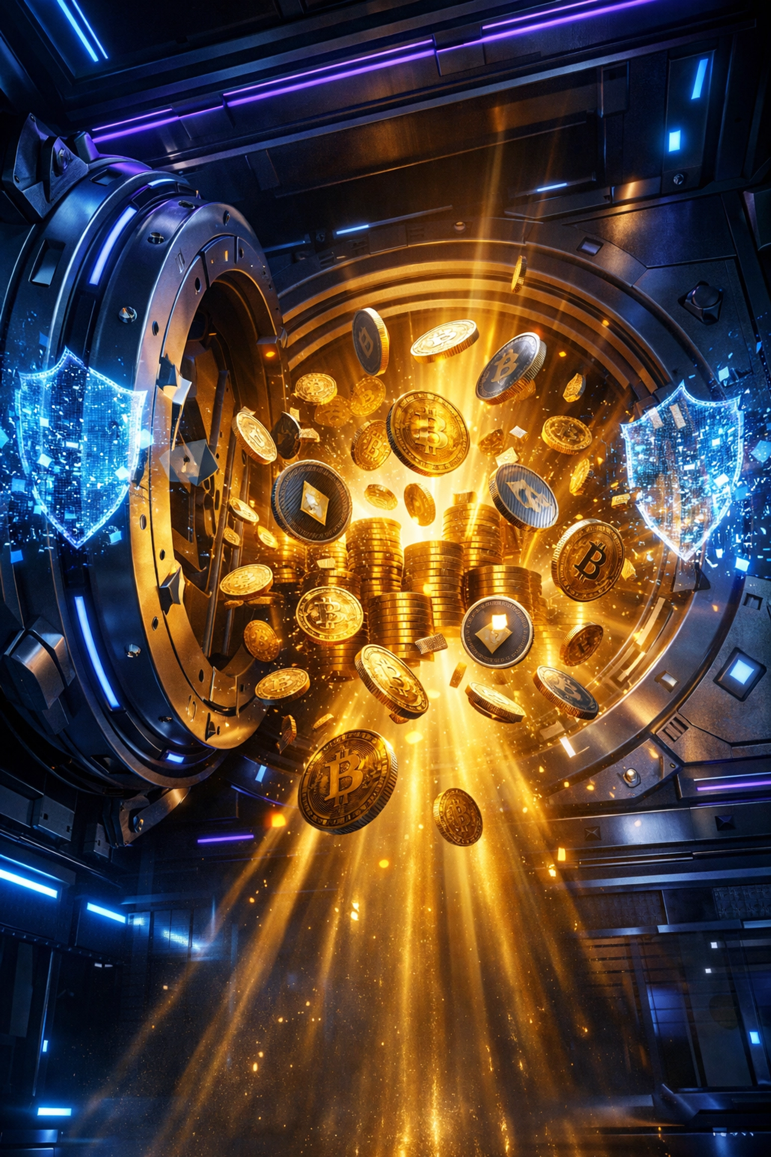 Digital vault opening with cryptocurrency tokens symbolizing self-custody and financial freedom in crypto payments