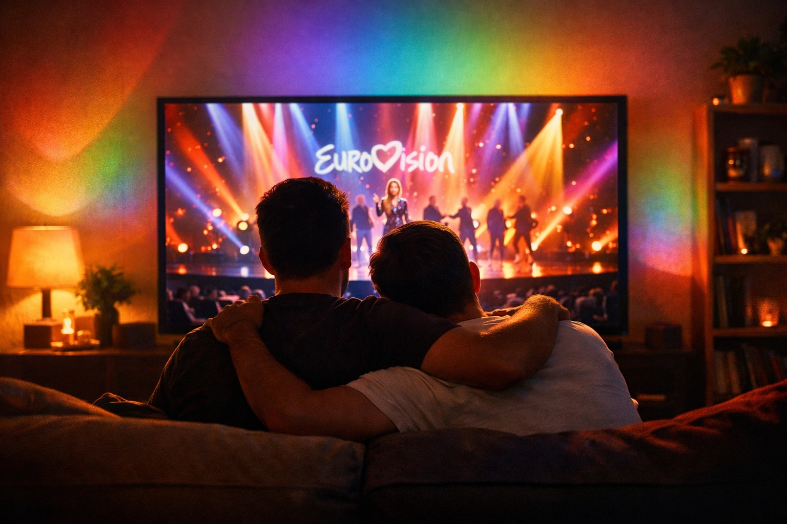 Gay couple watching Eurovision together celebrating queer visibility and representation