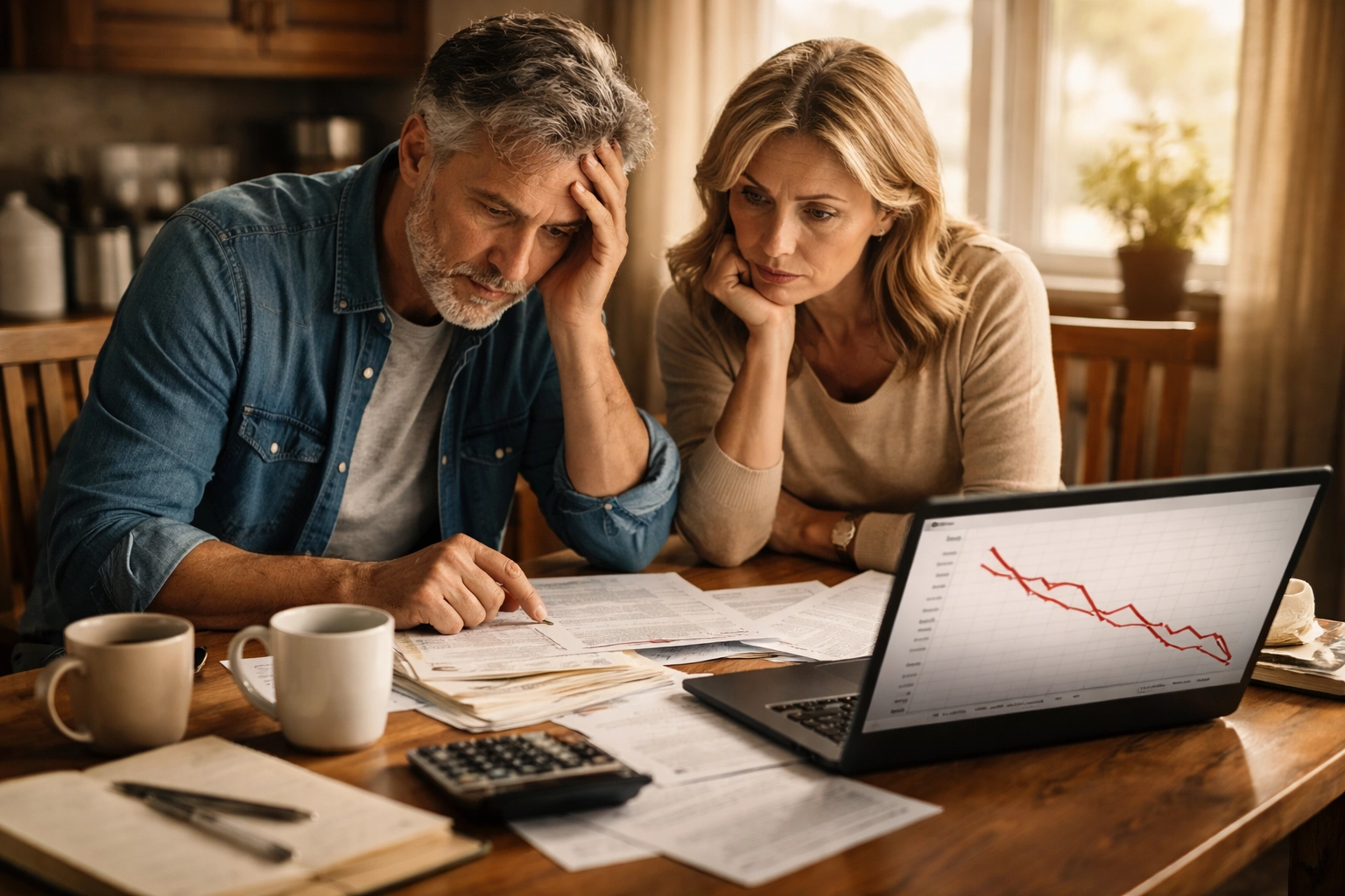 Middle-aged couple reviews financial documents at home, expressing concern over 401(k) retirement savings shortfalls.