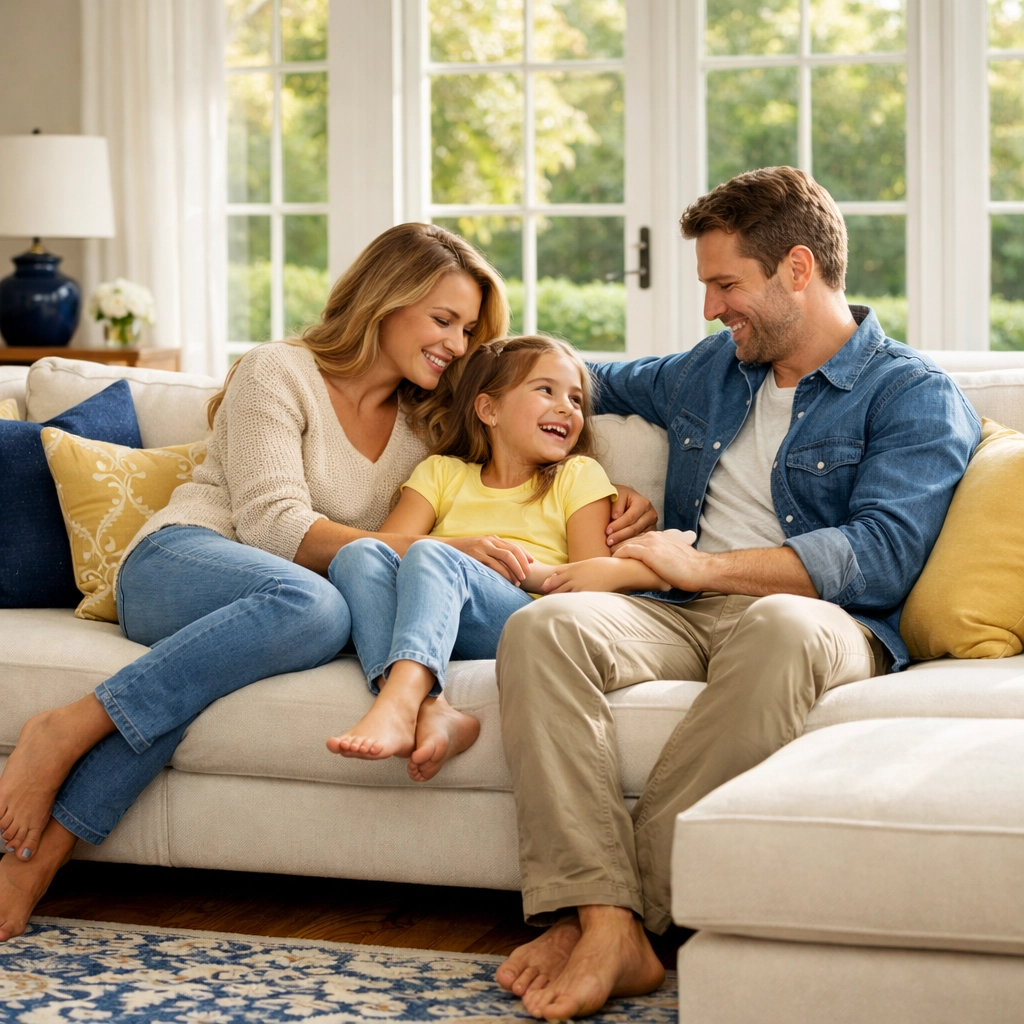 A happy family relaxing in a spotless living room after weekly house cleaning in Marlborough.