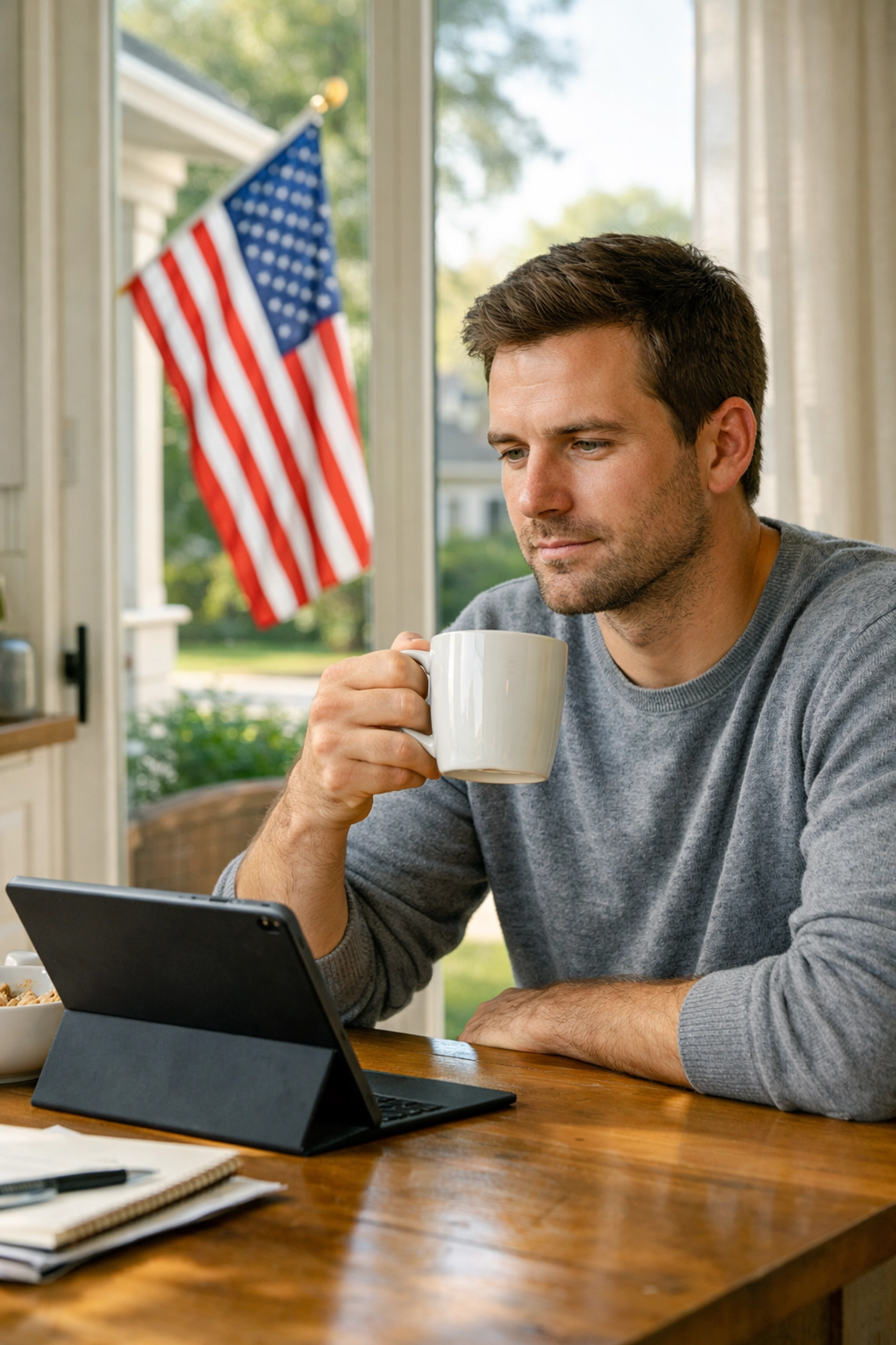 A man reading a Pledge Allegiance daily update on a tablet at home with an American flag outside.