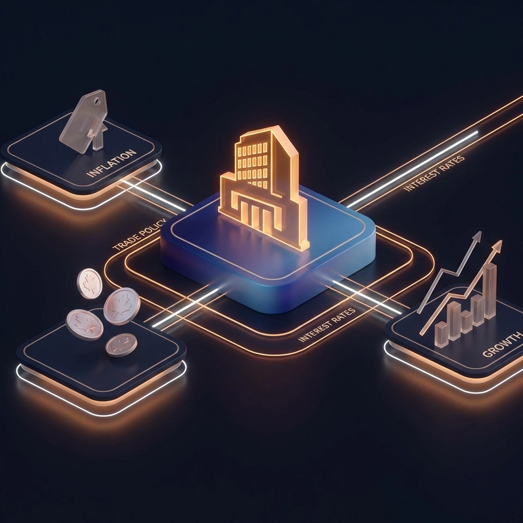 Visual of Bank of Canada, Canadian dollar coins, and inflation icons representing economic impact on interest rates.