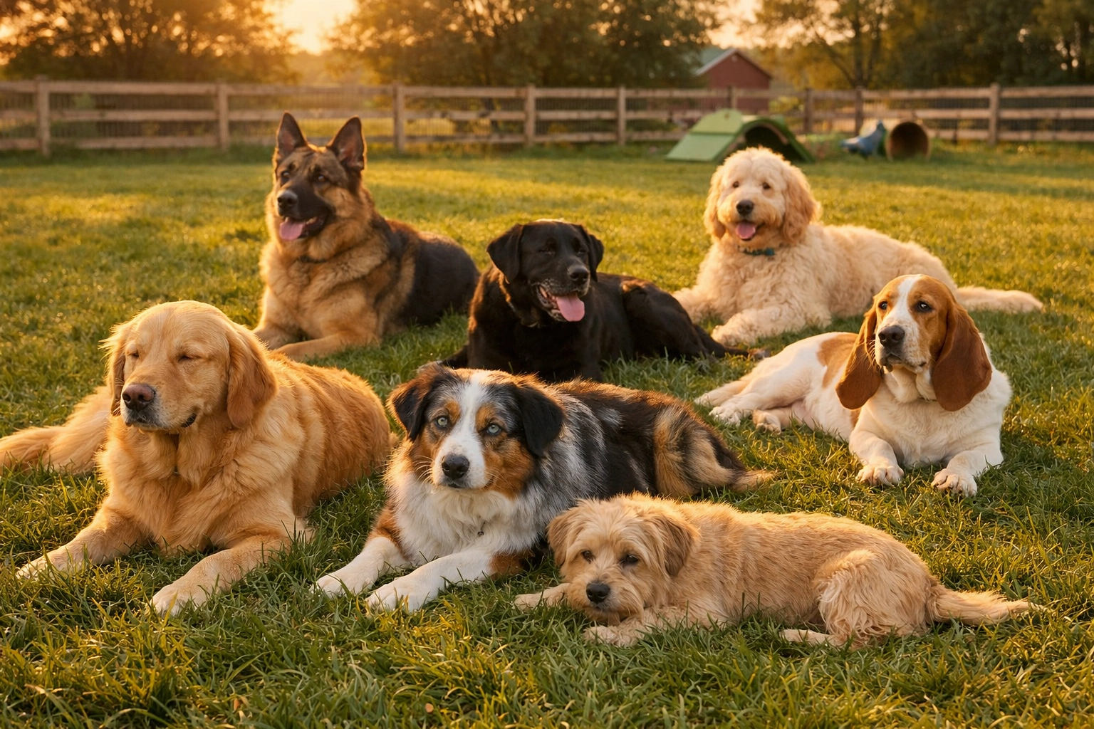 Dogs relaxing together on grass at holistic dog boarding facility in Portland area
