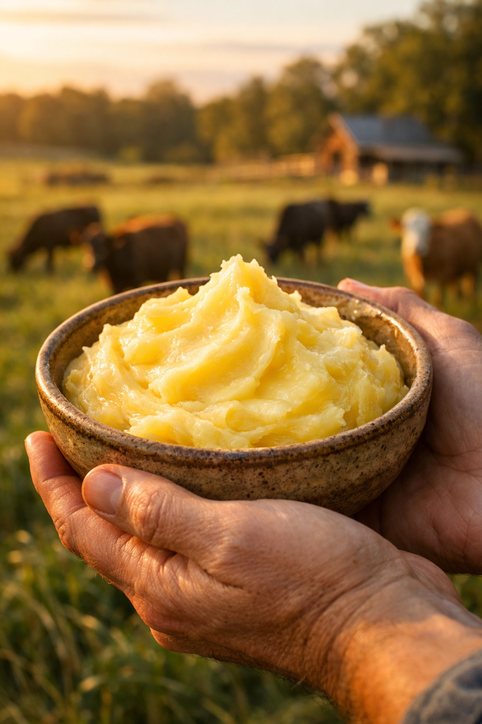 Grass-fed tallow from North Carolina farm held in hands with pasture background