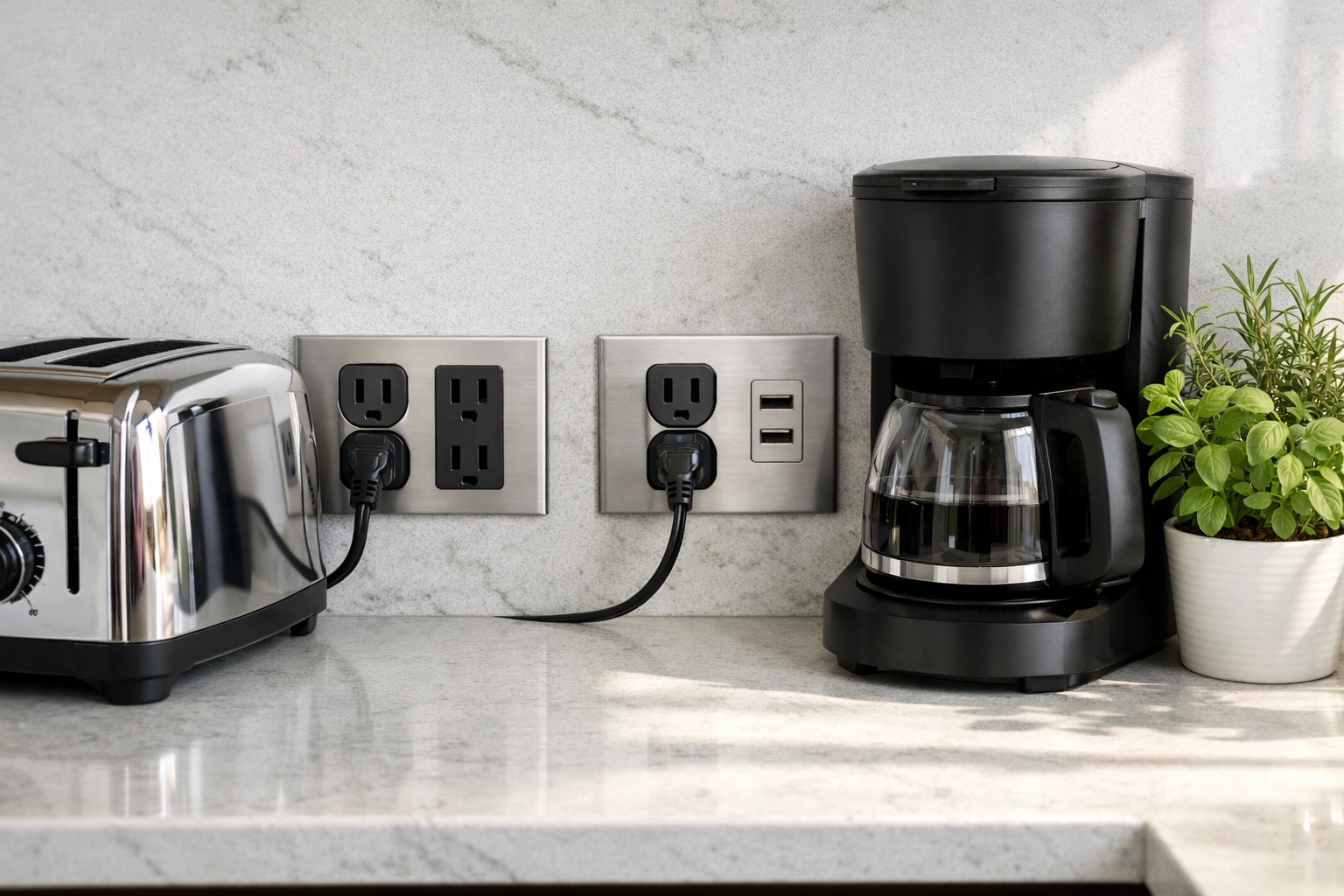 Properly placed electrical outlets on kitchen countertop with coffee maker and toaster