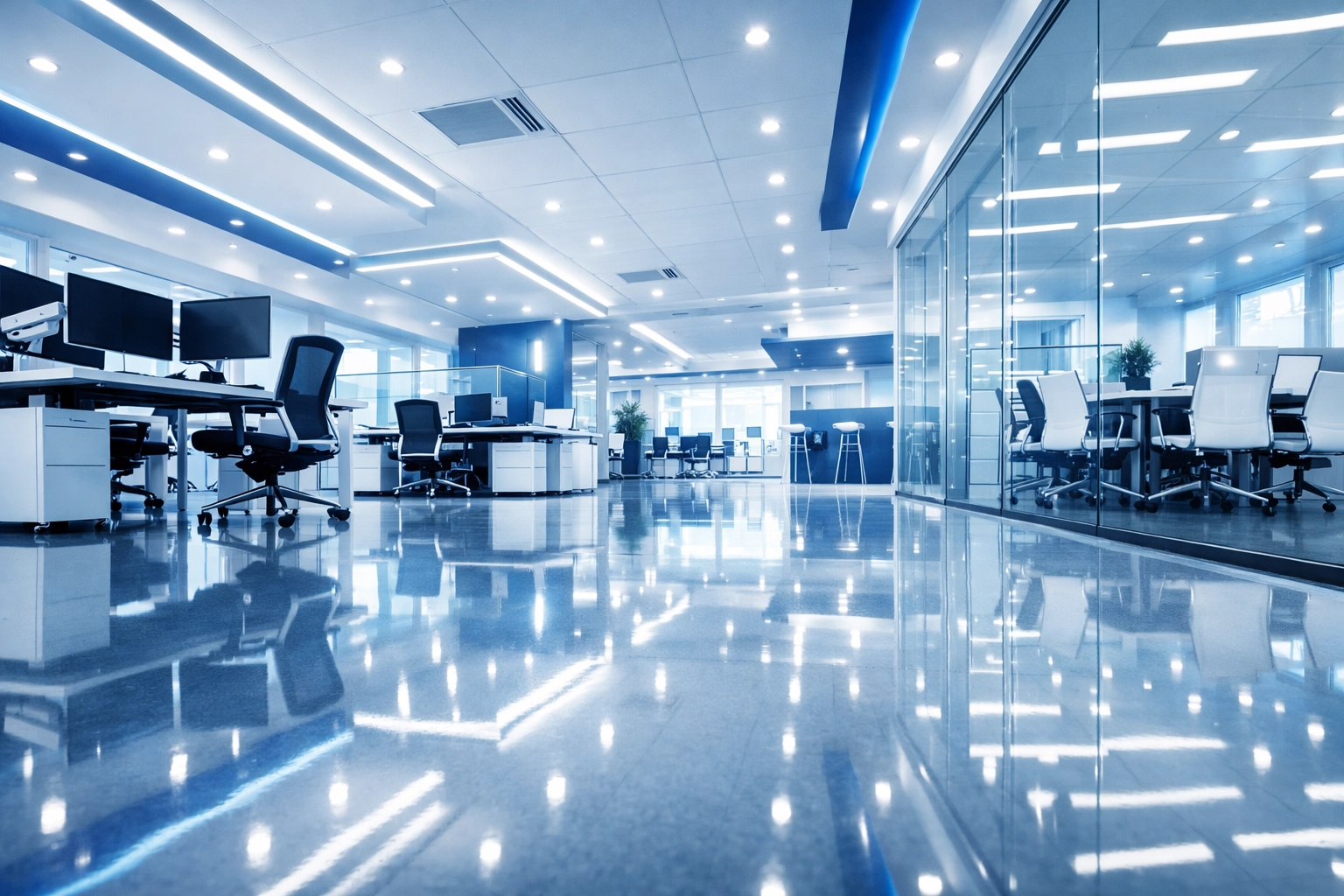 Sparkling open-plan office in Central Scotland showcasing professional commercial cleaning results.