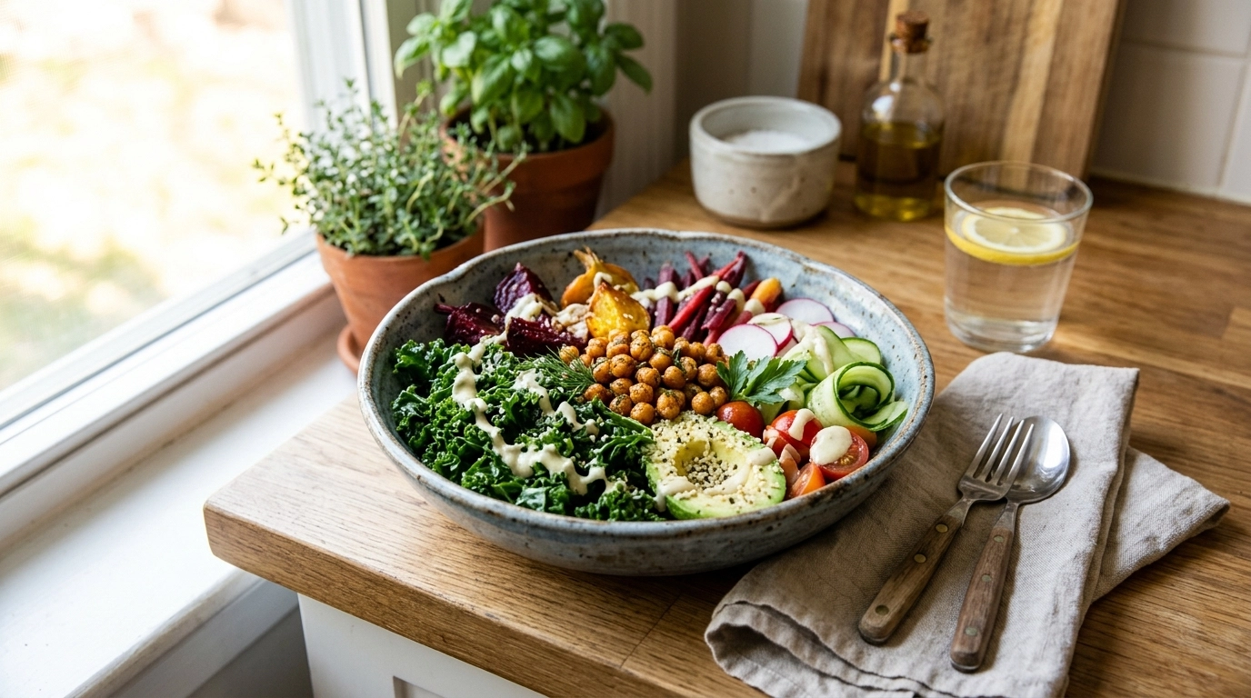 A colorful nourish bowl with roasted beets, kale, and chickpeas in warm natural kitchen light