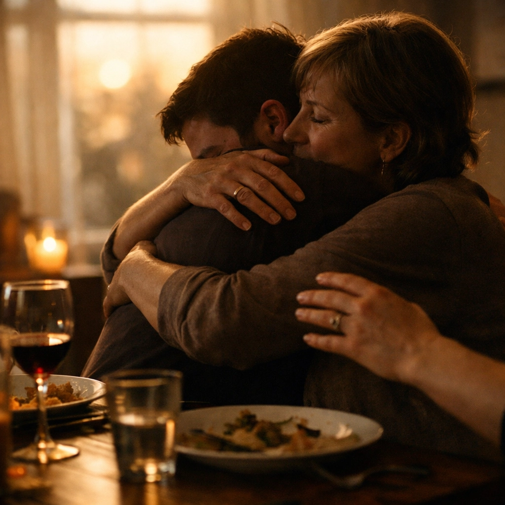 Mother embracing gay son with acceptance after coming out at dinner