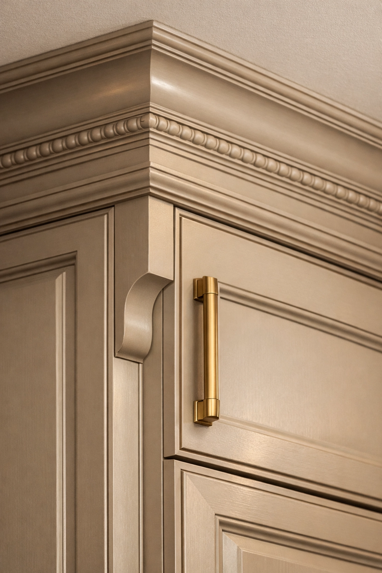 Detailed custom taupe cabinetry and brass hardware, showcasing precision kitchen renovation in Orlando.