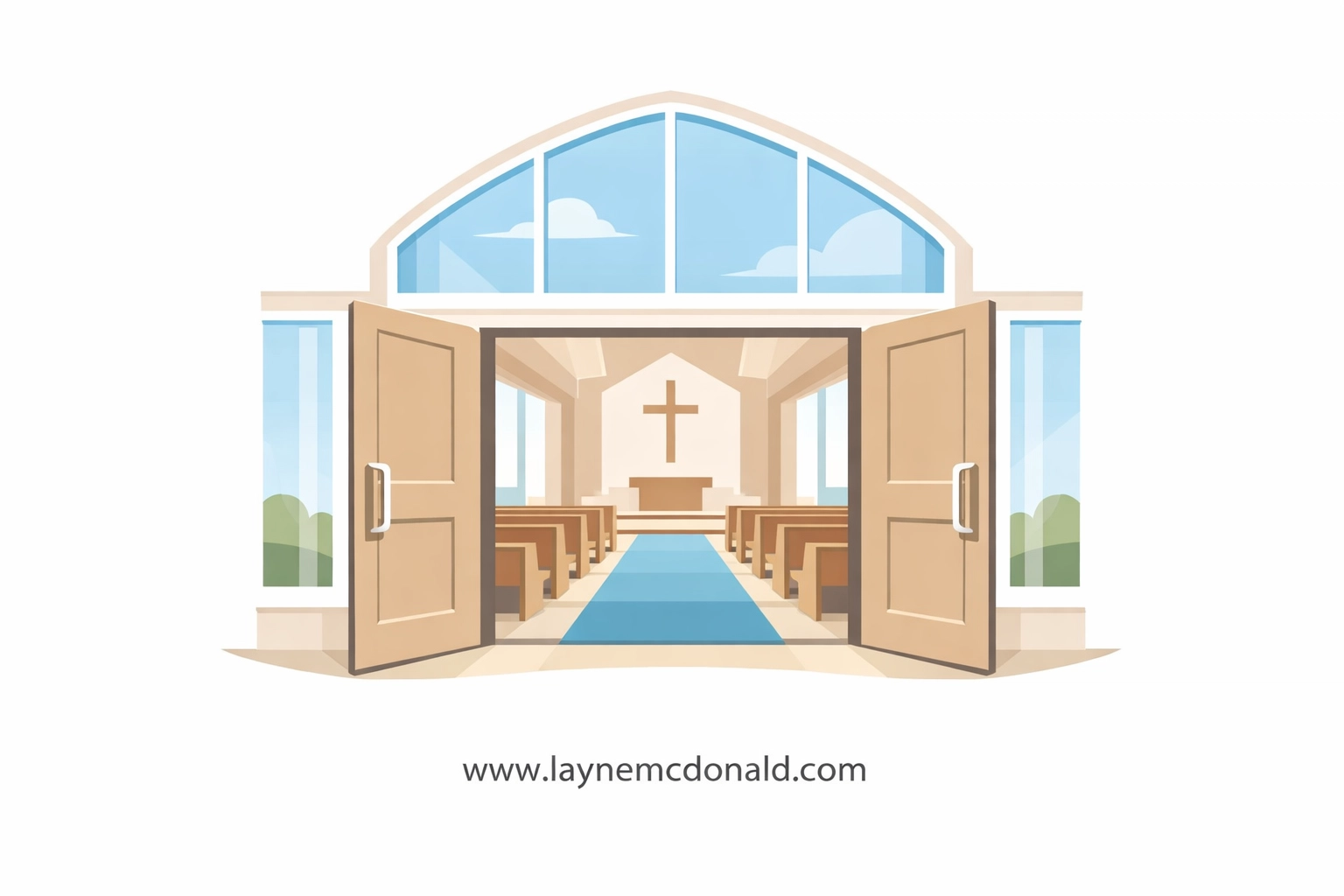 Minimalist illustration of an open church entrance symbolizing transparent child safety policies.
